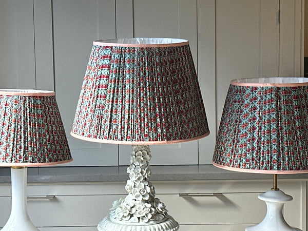 Medium Duck Egg Blue Lampshade with red and orange flowers with orange piping  (16 inch)