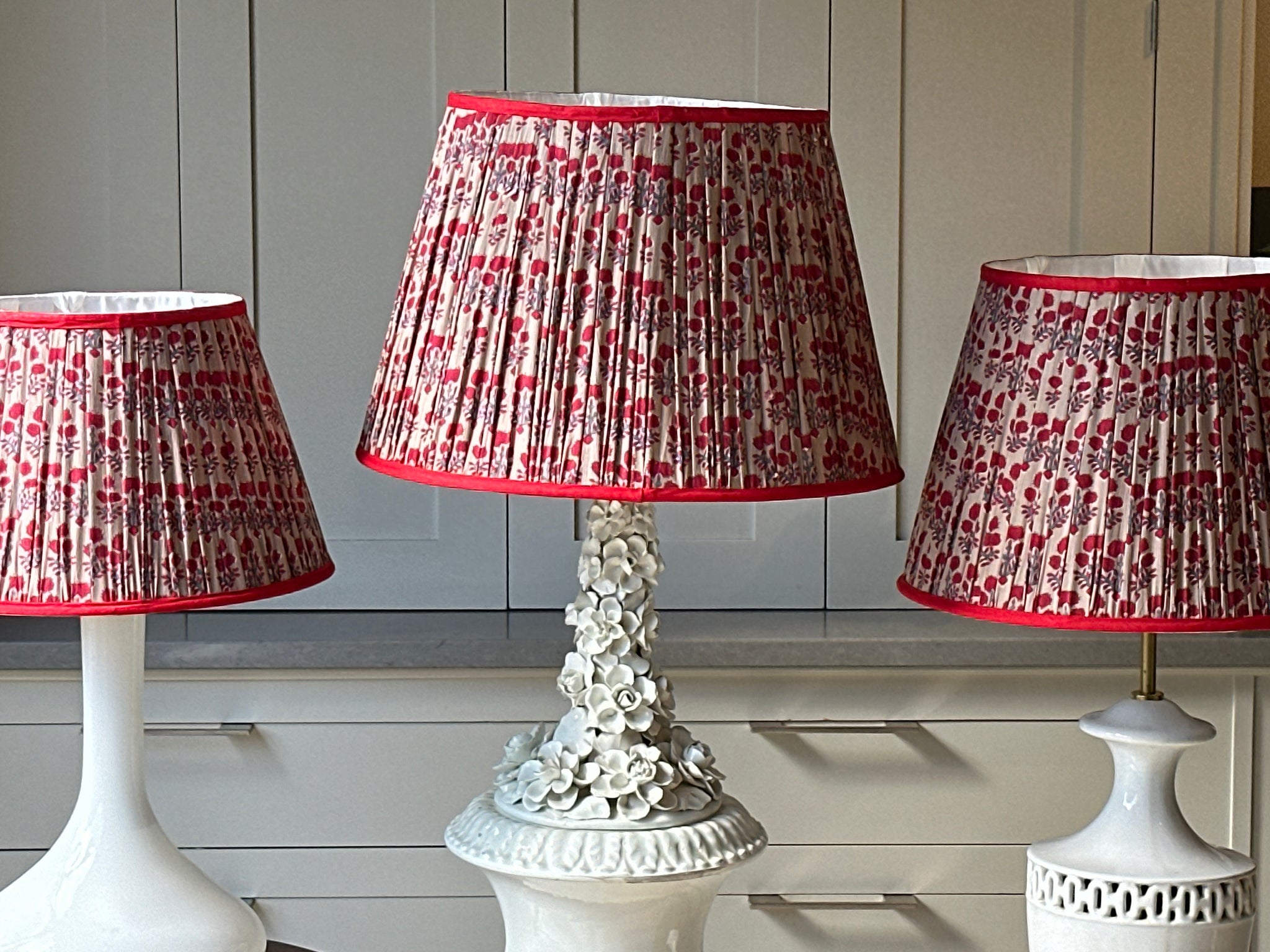 Large Dark Beige Lampshade with red flowers and red piping (18 inch)