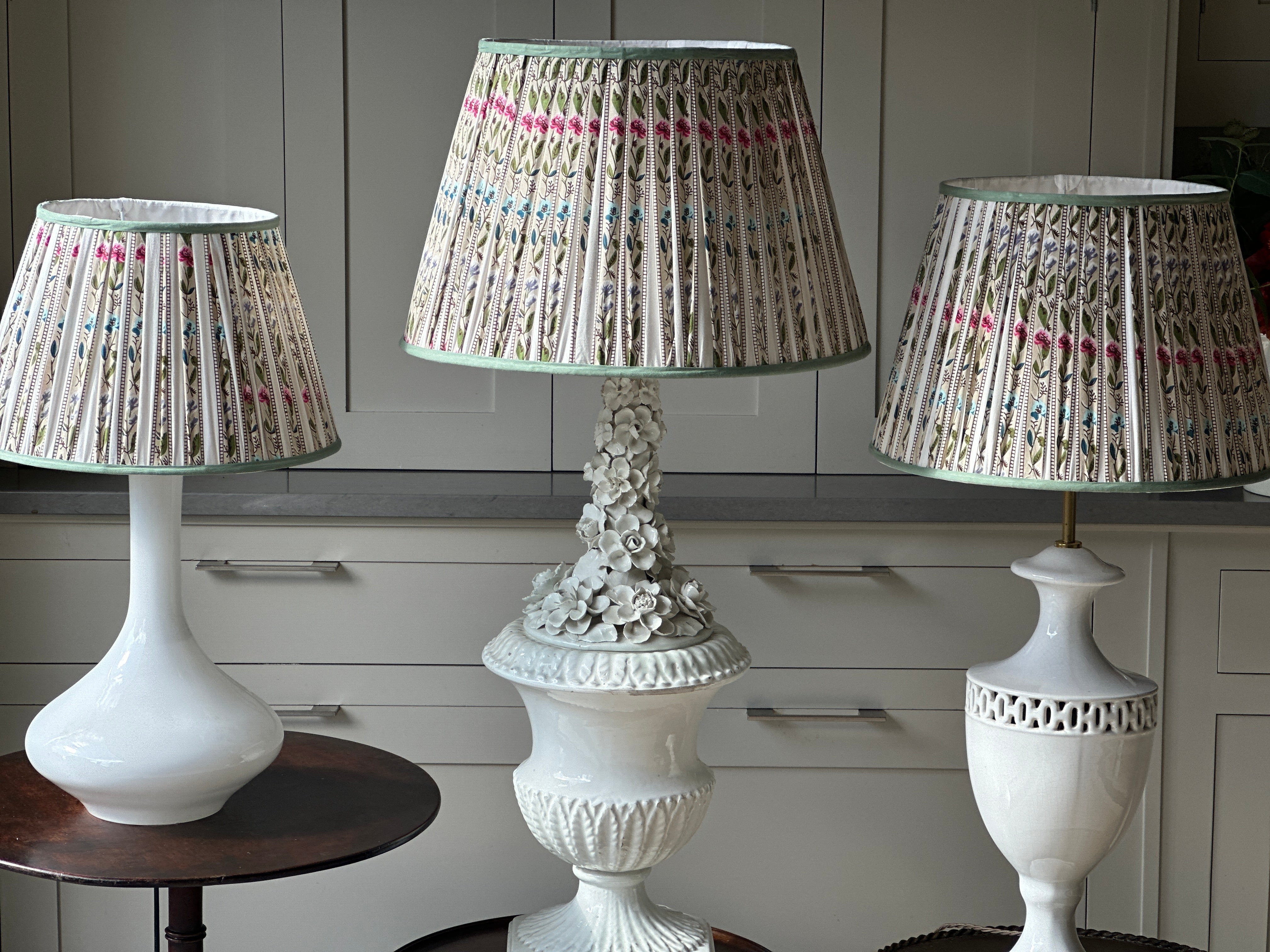 Small Ivory Lampshade with striped pink, green leaves and fuchsia pattern (14 inch)