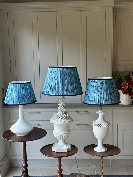 Medium Pale Blue Lampshade with navy flowers and blue piping (16 inch)