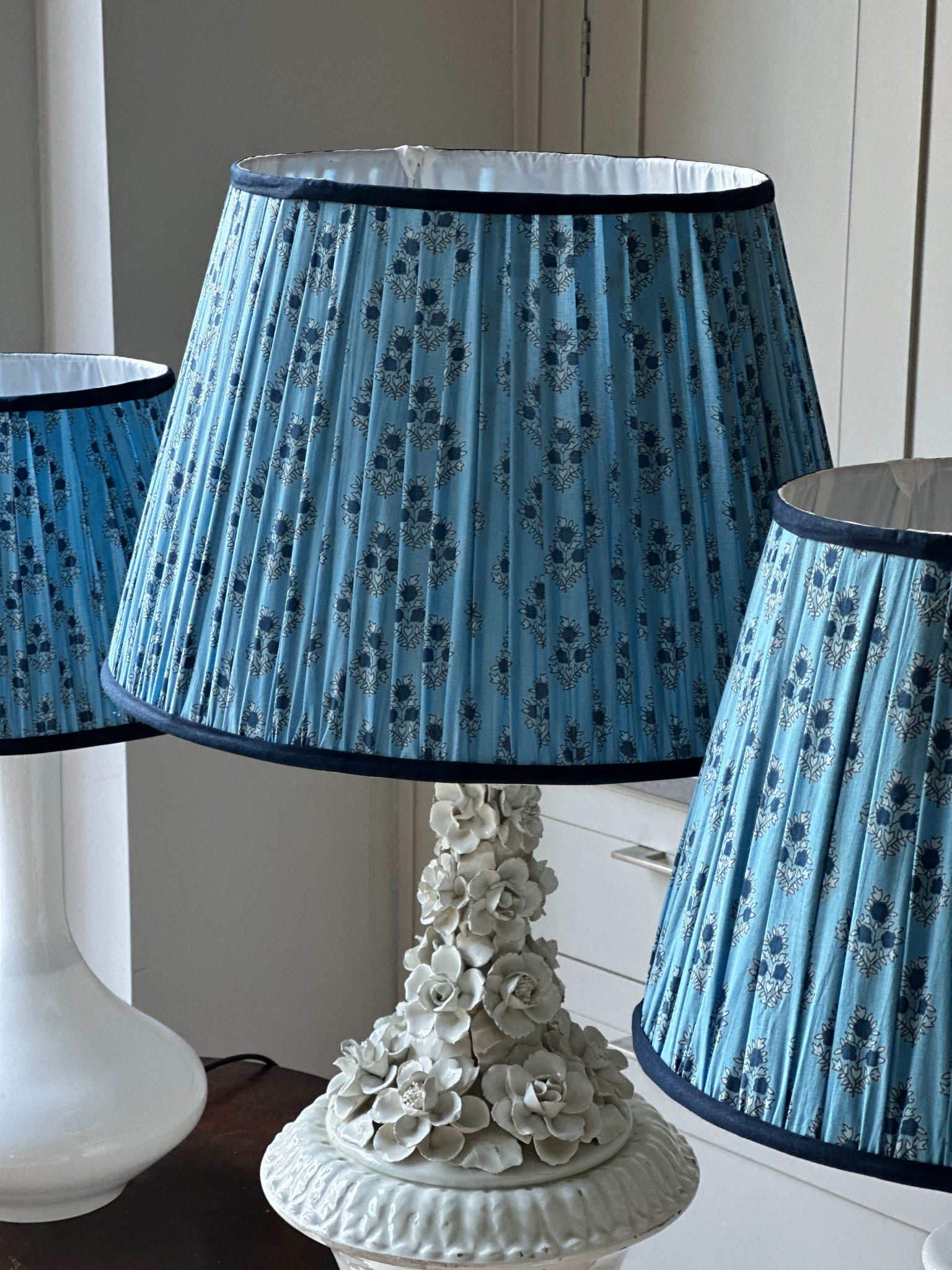 Medium Pale Blue Lampshade with navy flowers and blue piping (16 inch)