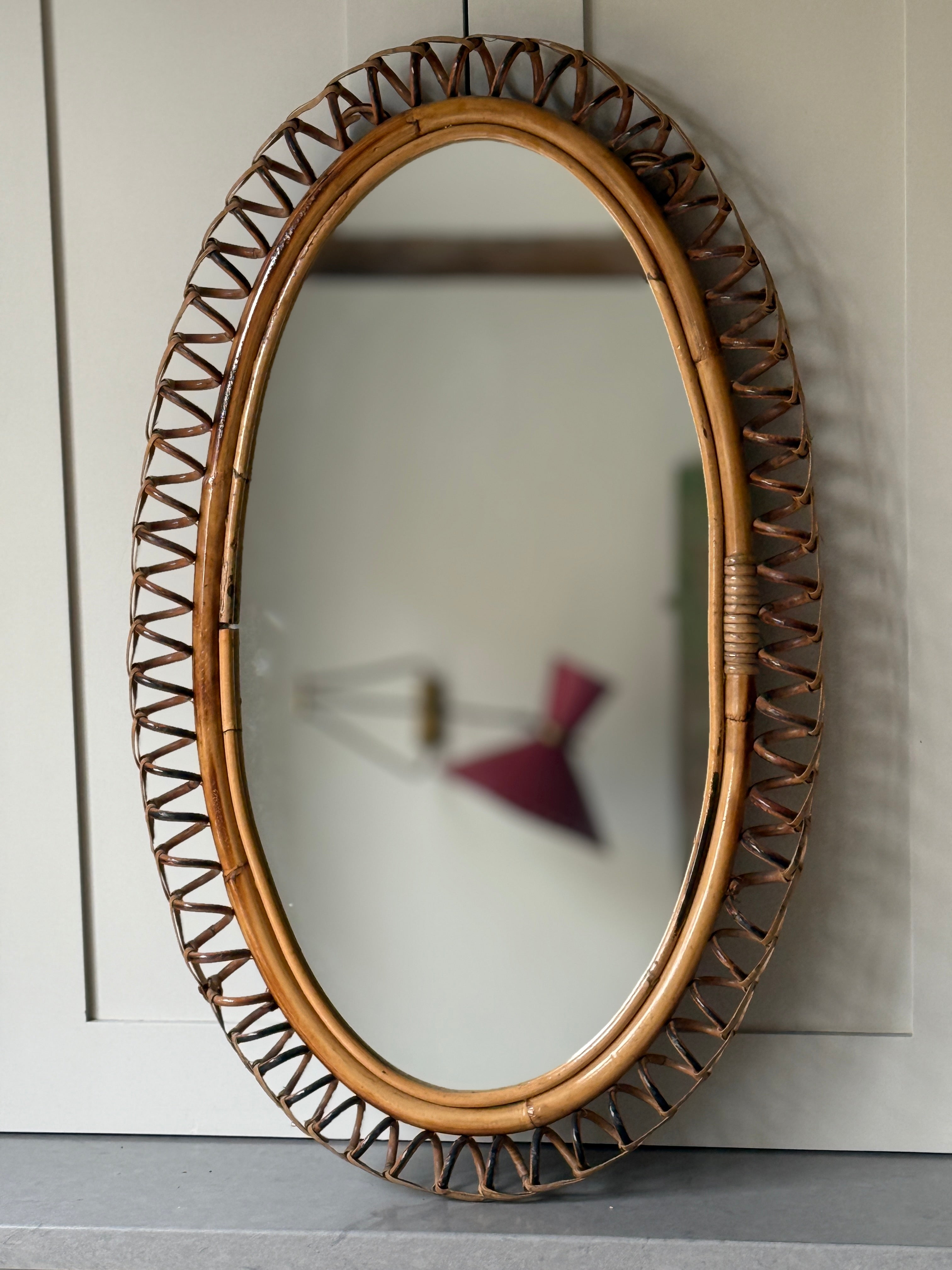 Large Oval Italian Rattan Mirror with Rattan Chain