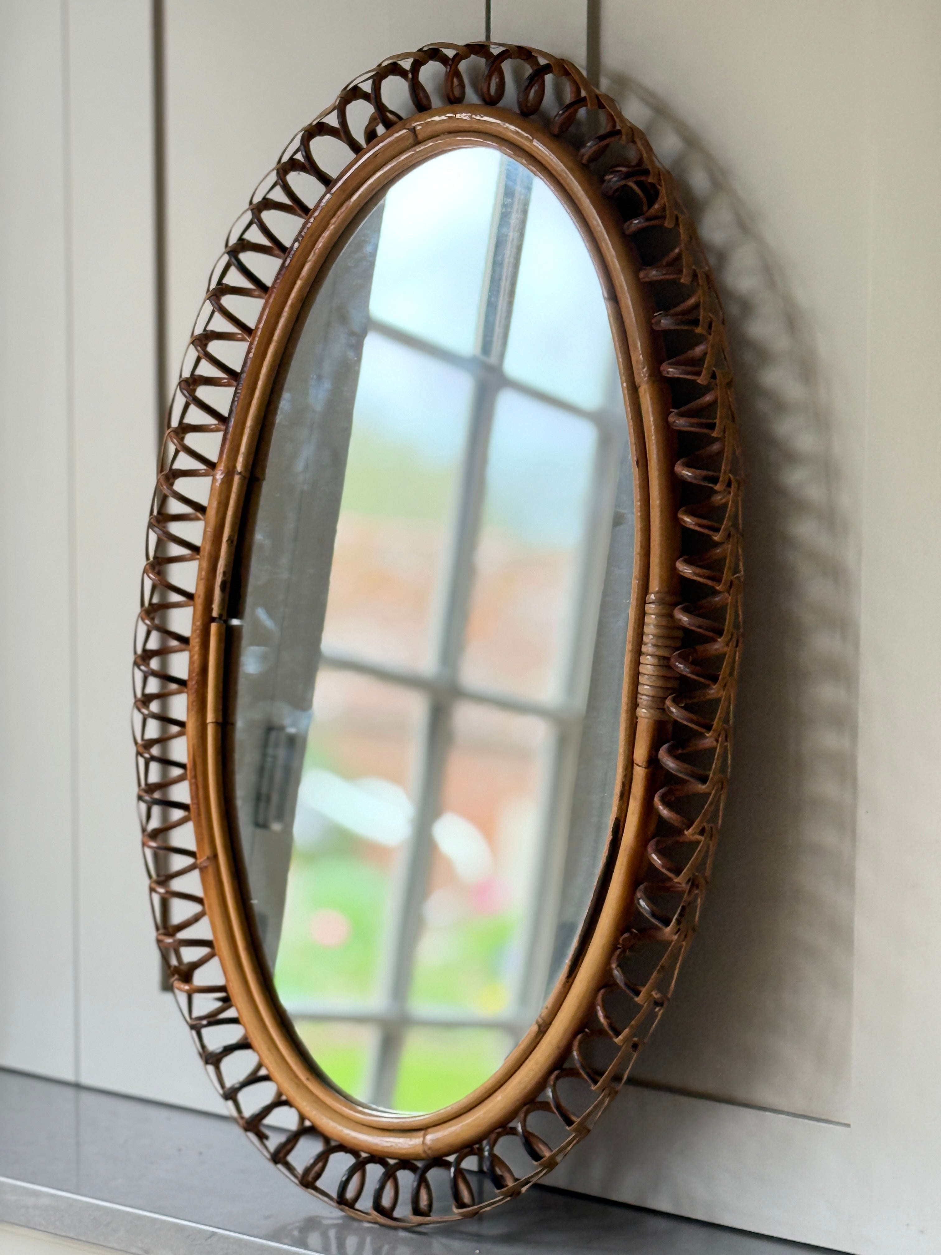 Large Oval Italian Rattan Mirror with Rattan Chain