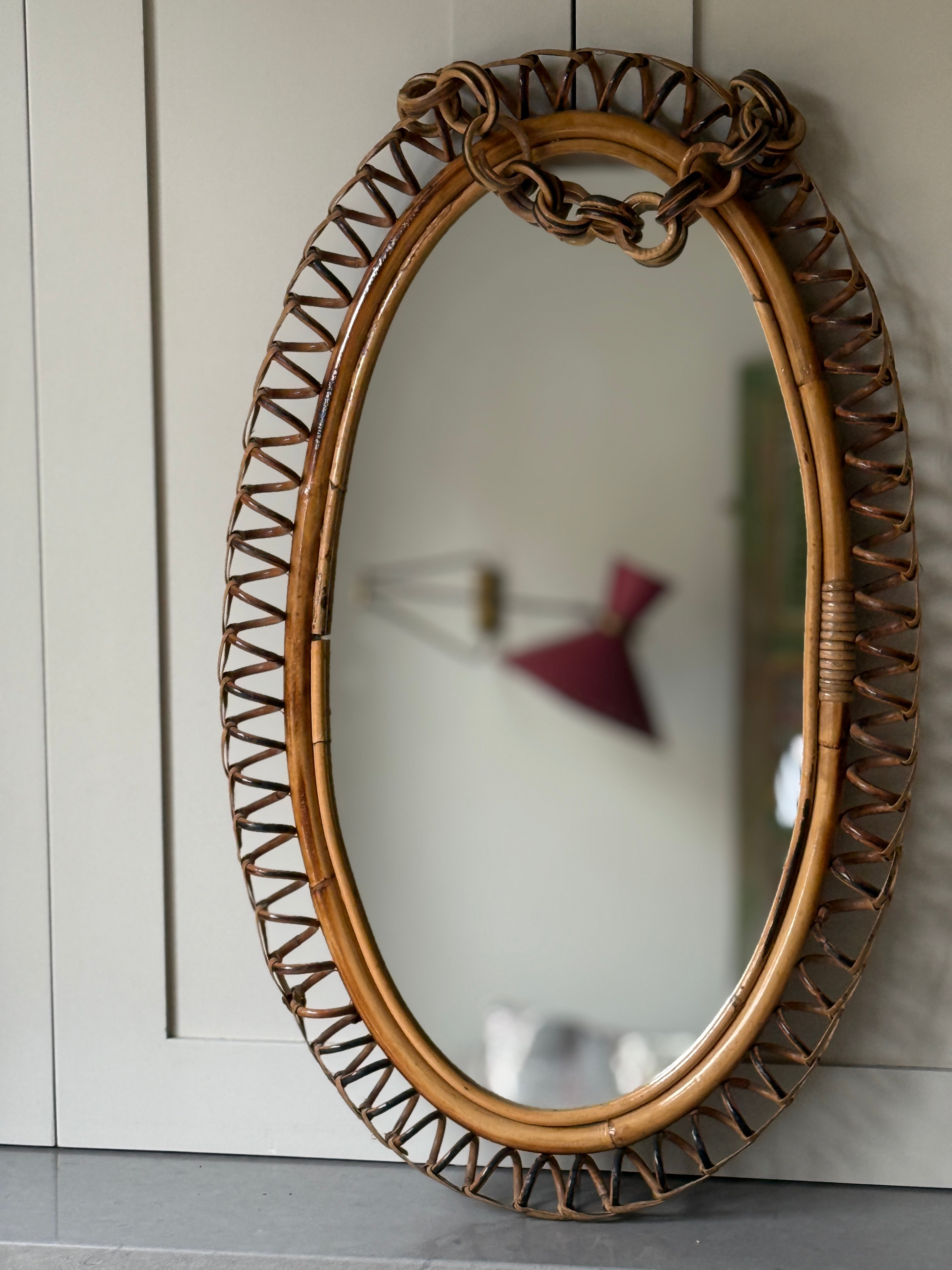 Large Oval Italian Rattan Mirror with Rattan Chain