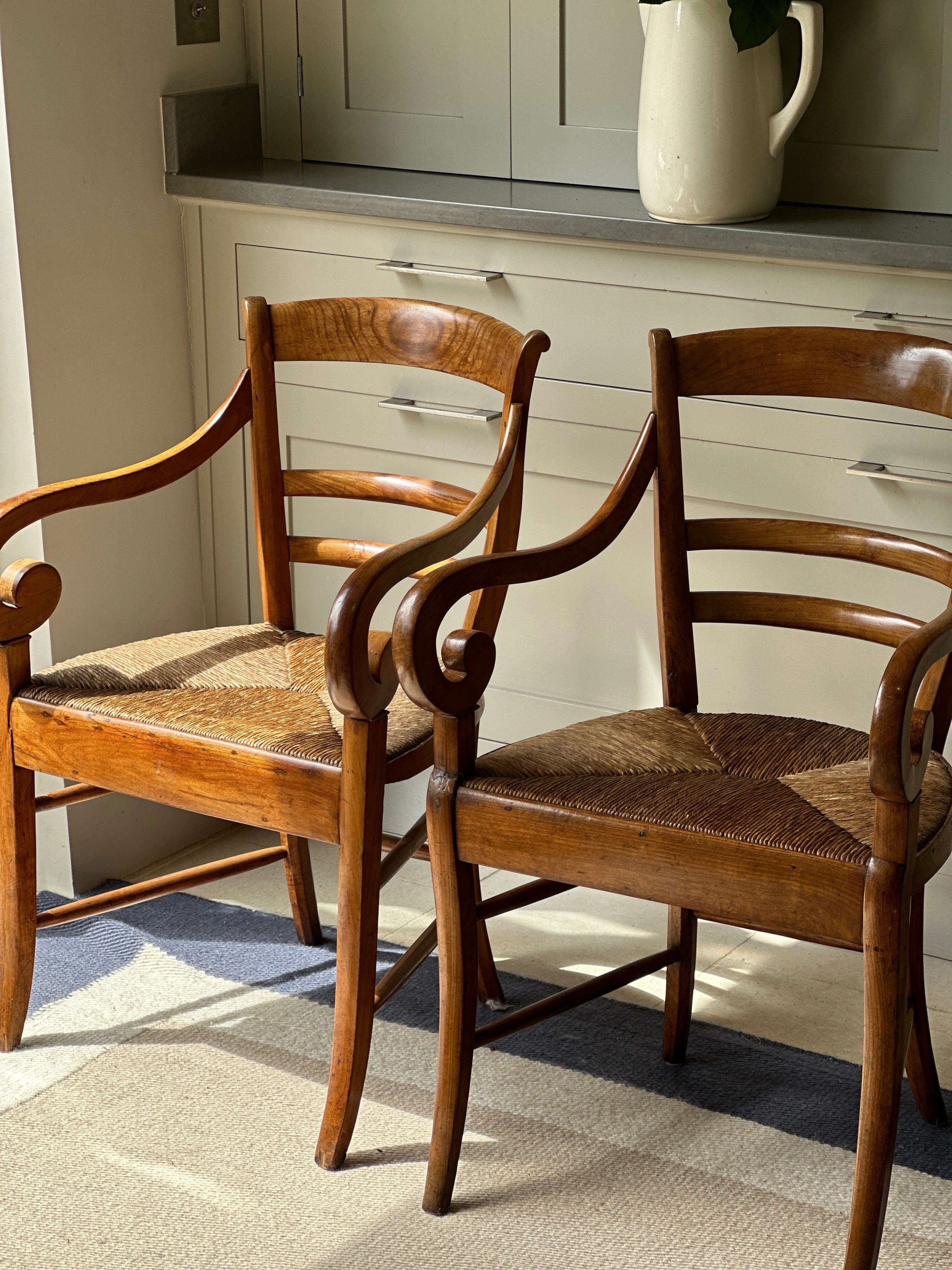 Charming Pair of Fruitwood & Rush Chairs