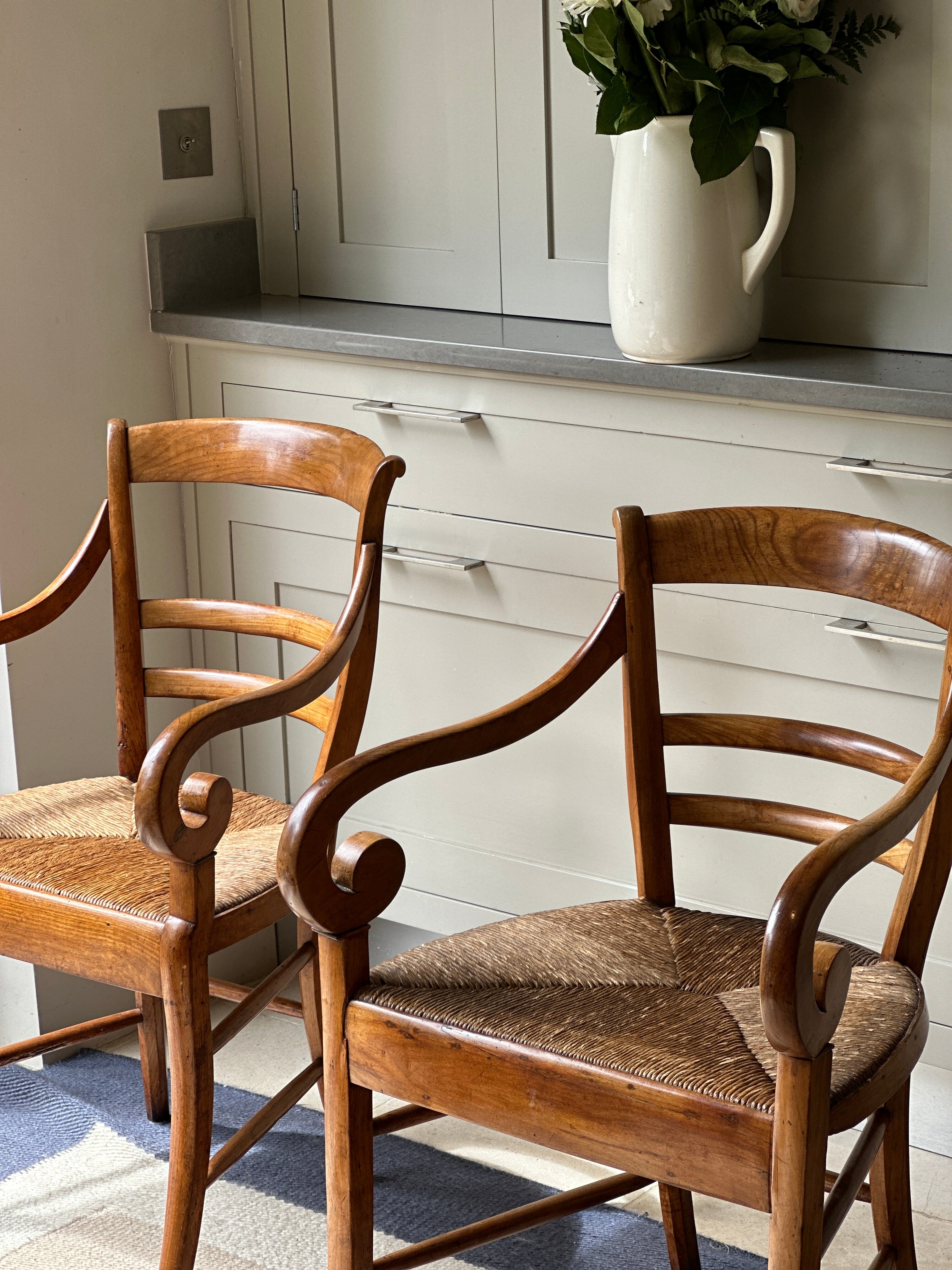 Charming Pair of Fruitwood & Rush Chairs