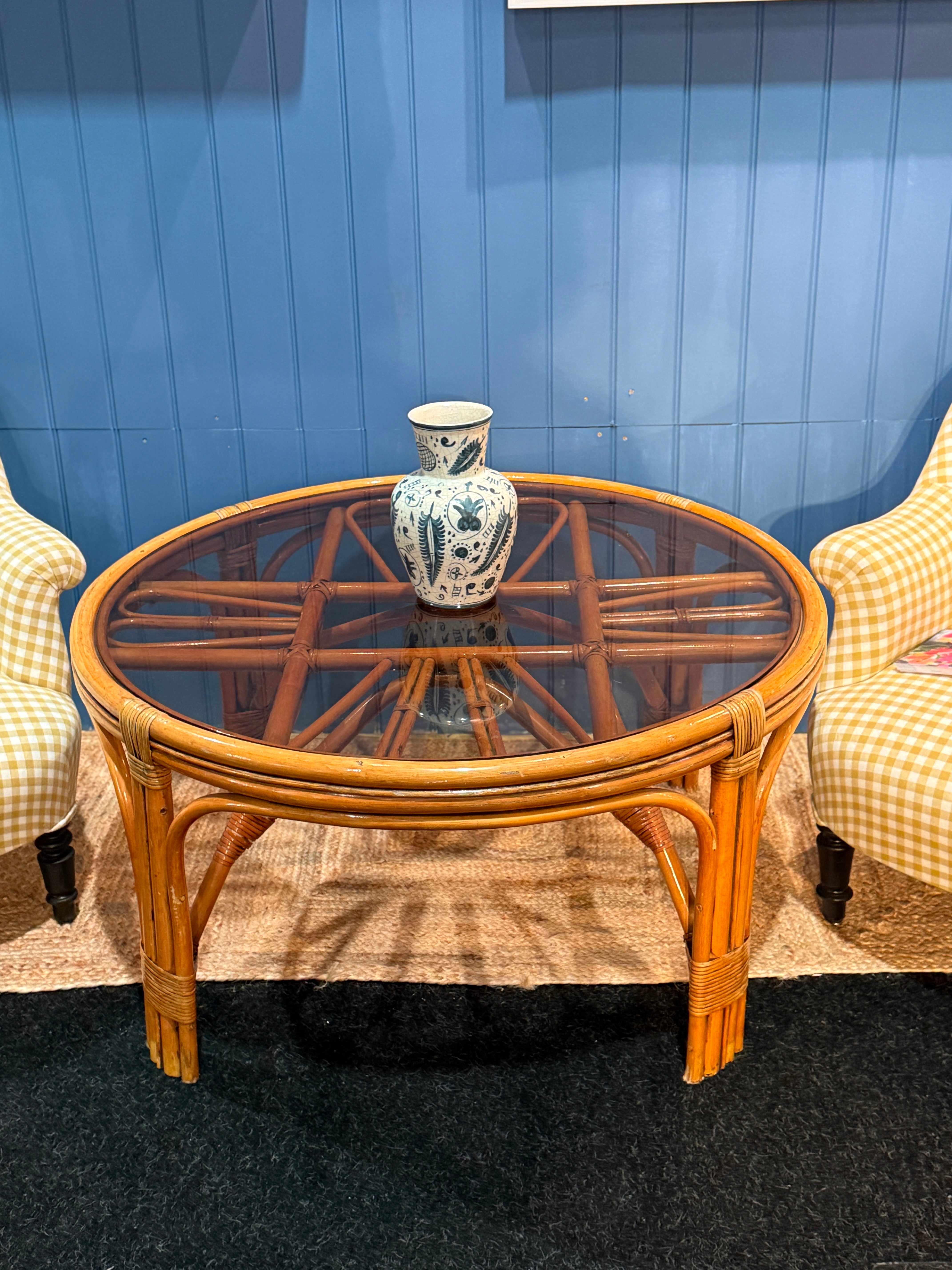 Large Smoky Glass and Cane Coffee Table - 1970s