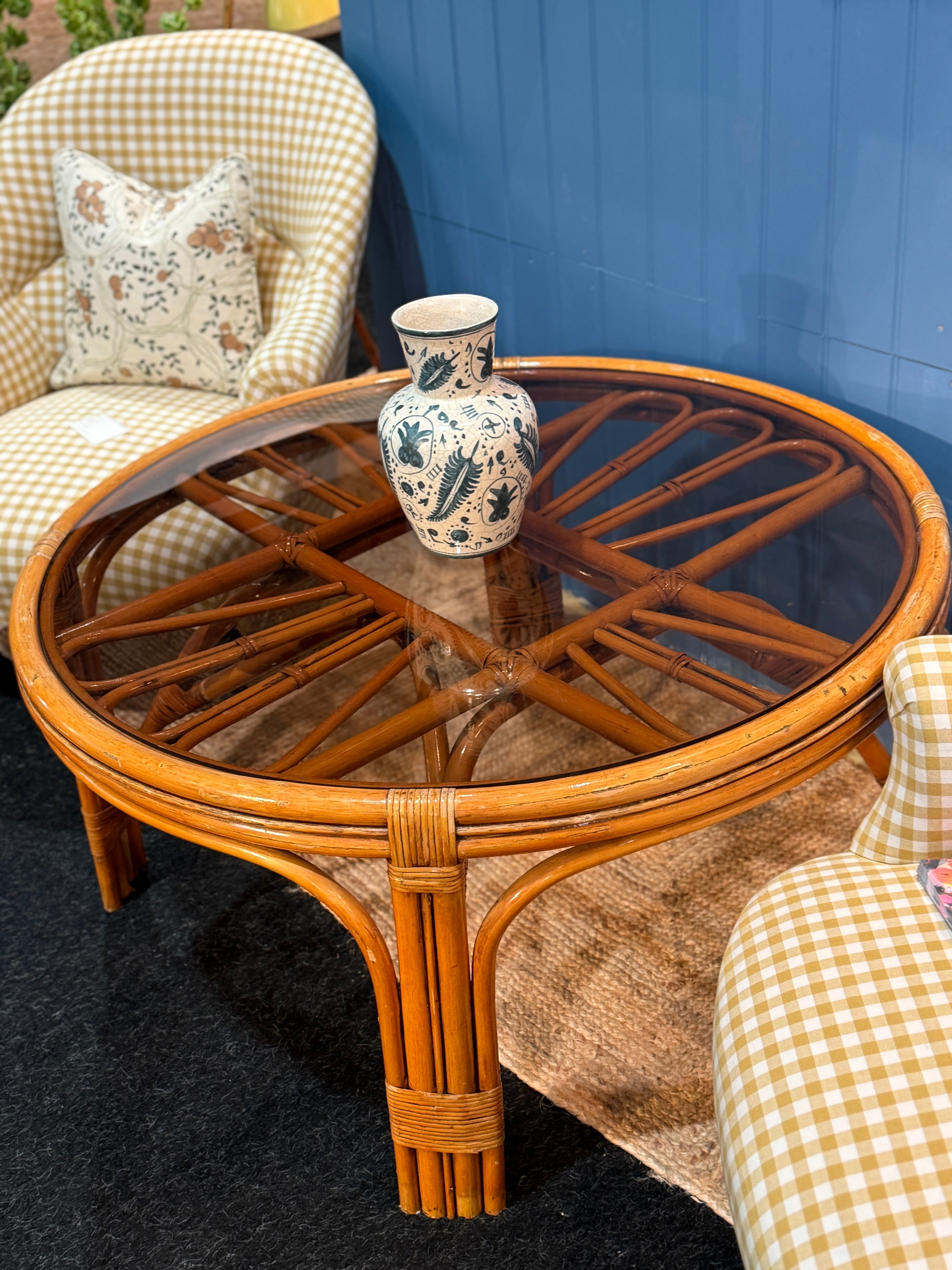 Large Smoky Glass and Cane Coffee Table - 1970s