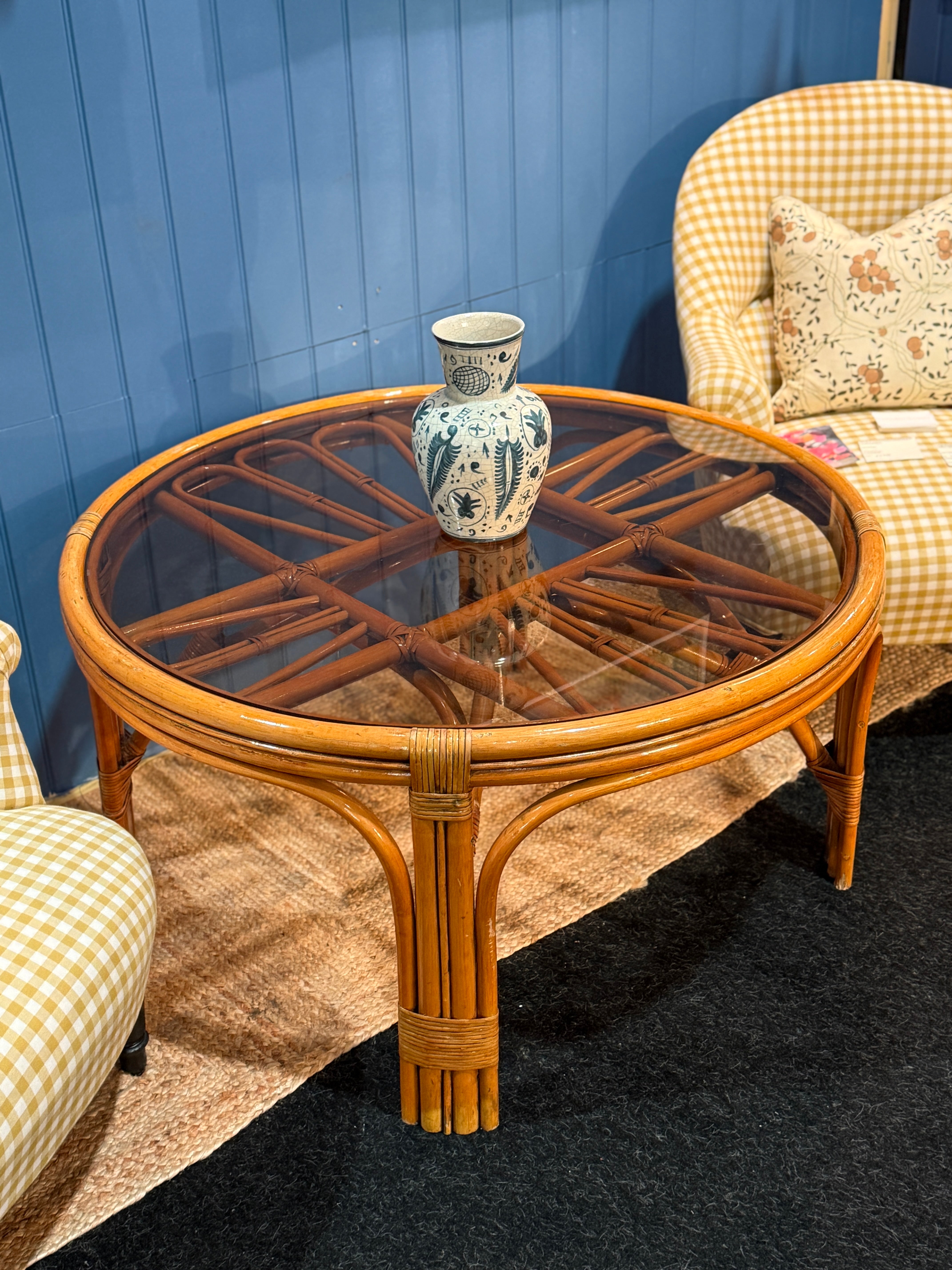 Large Smoky Glass and Cane Coffee Table - 1970s