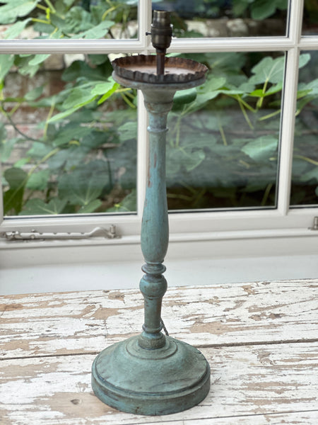 Faded  Blue Painted Pricket Stick Converted to Table Lamp
