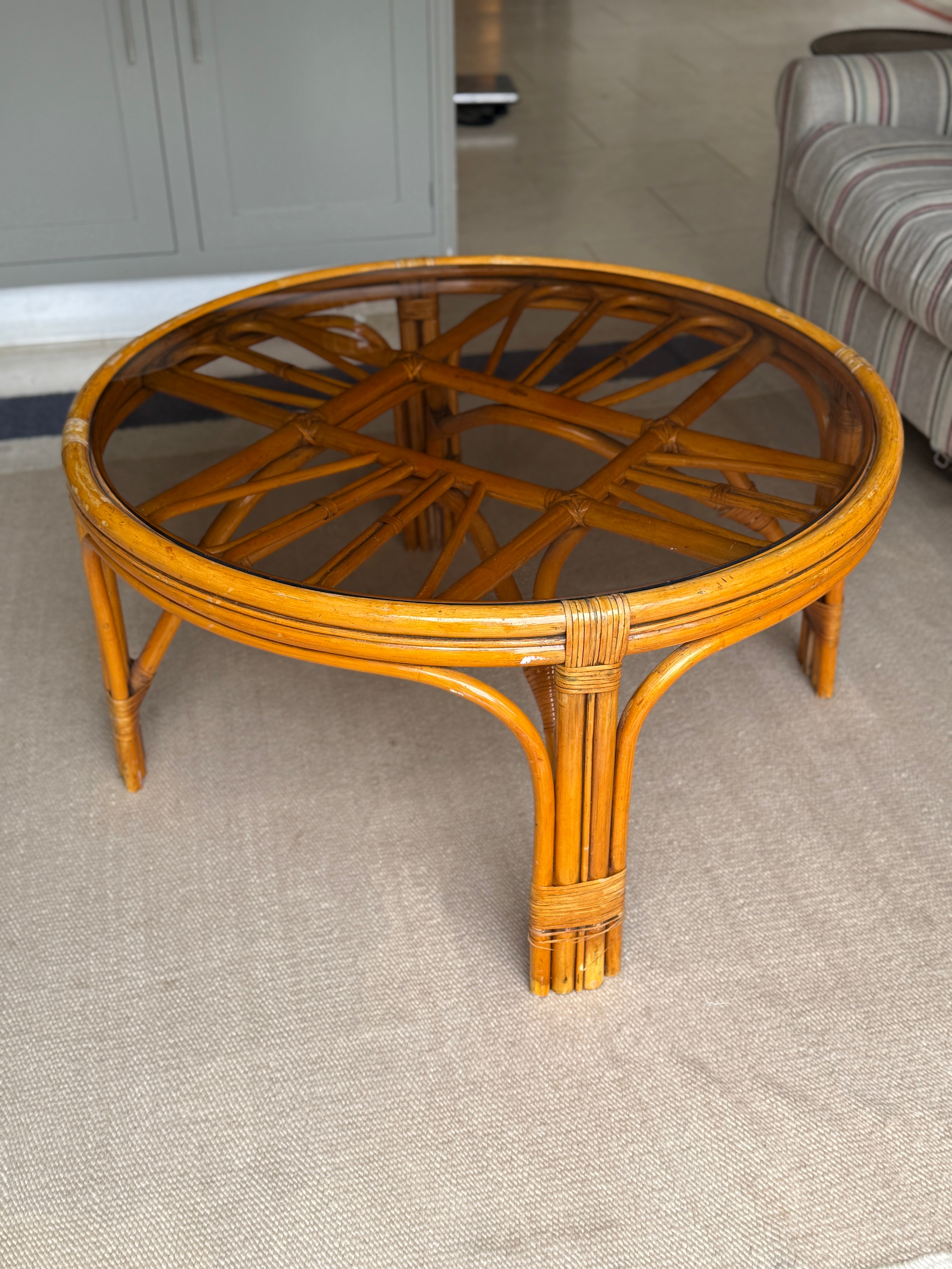 Large Smoky Glass and Cane Coffee Table - 1970s