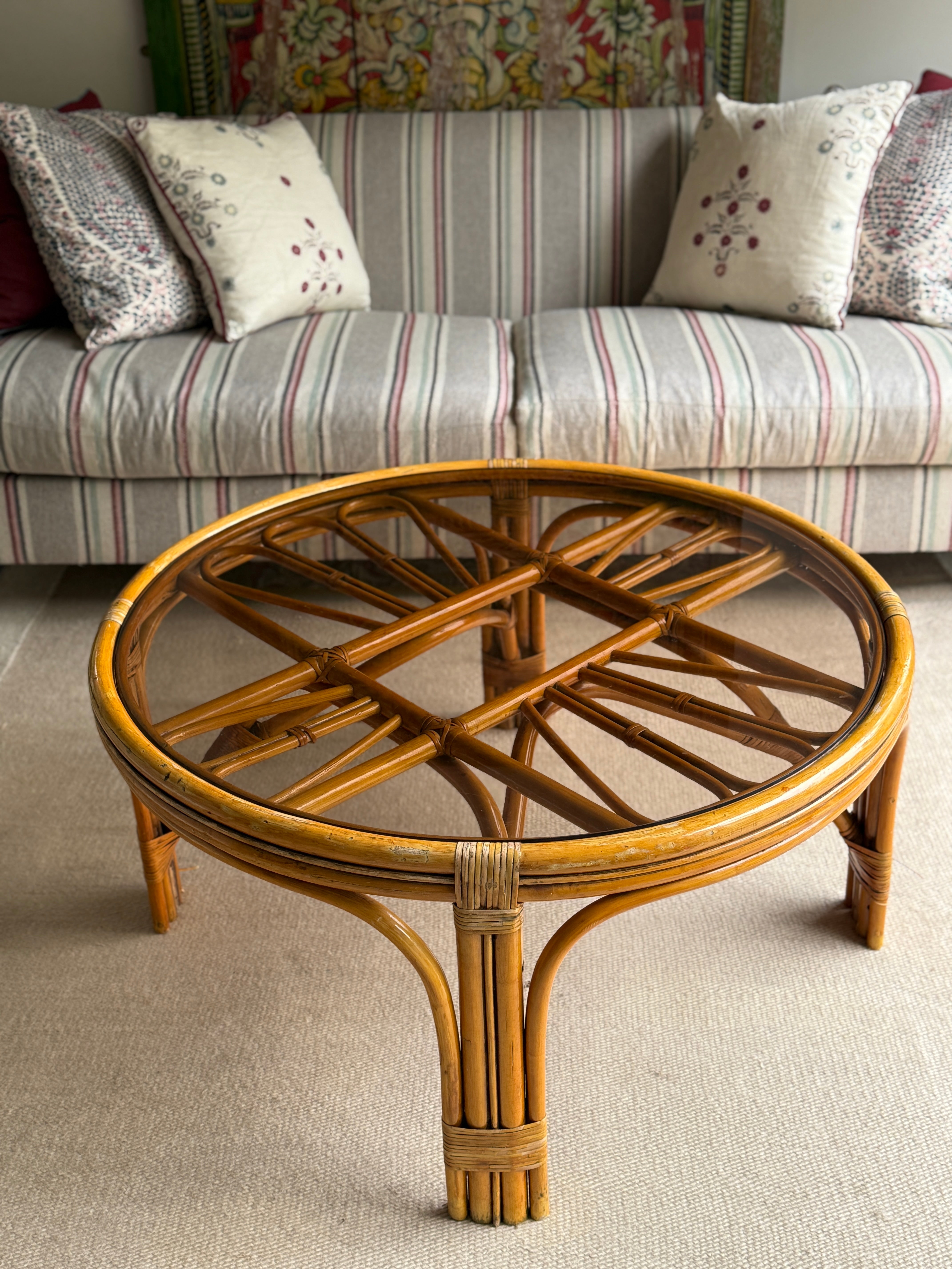 Large Smoky Glass and Cane Coffee Table - 1970s