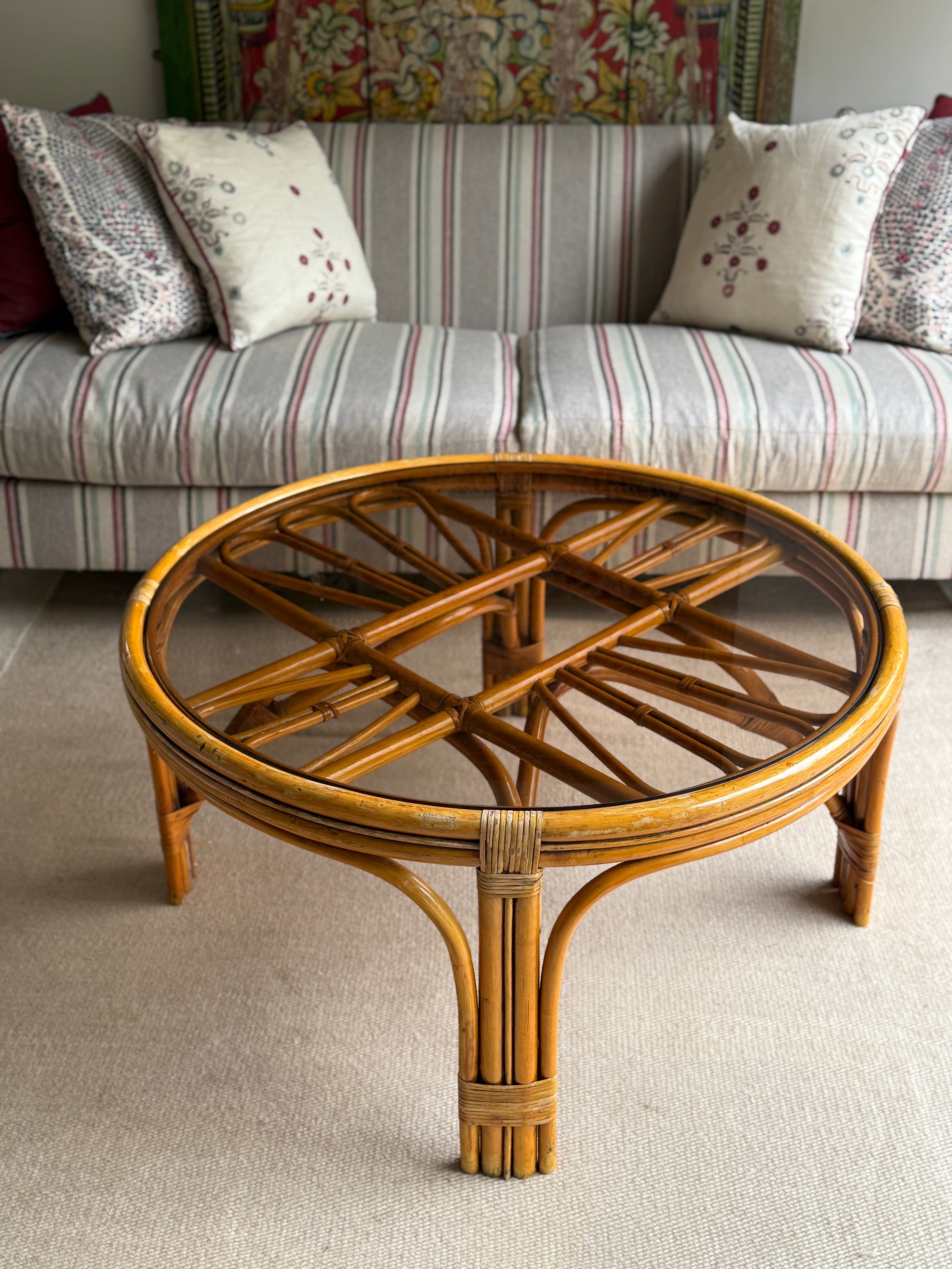 Large Smoky Glass and Cane Coffee Table - 1970s
