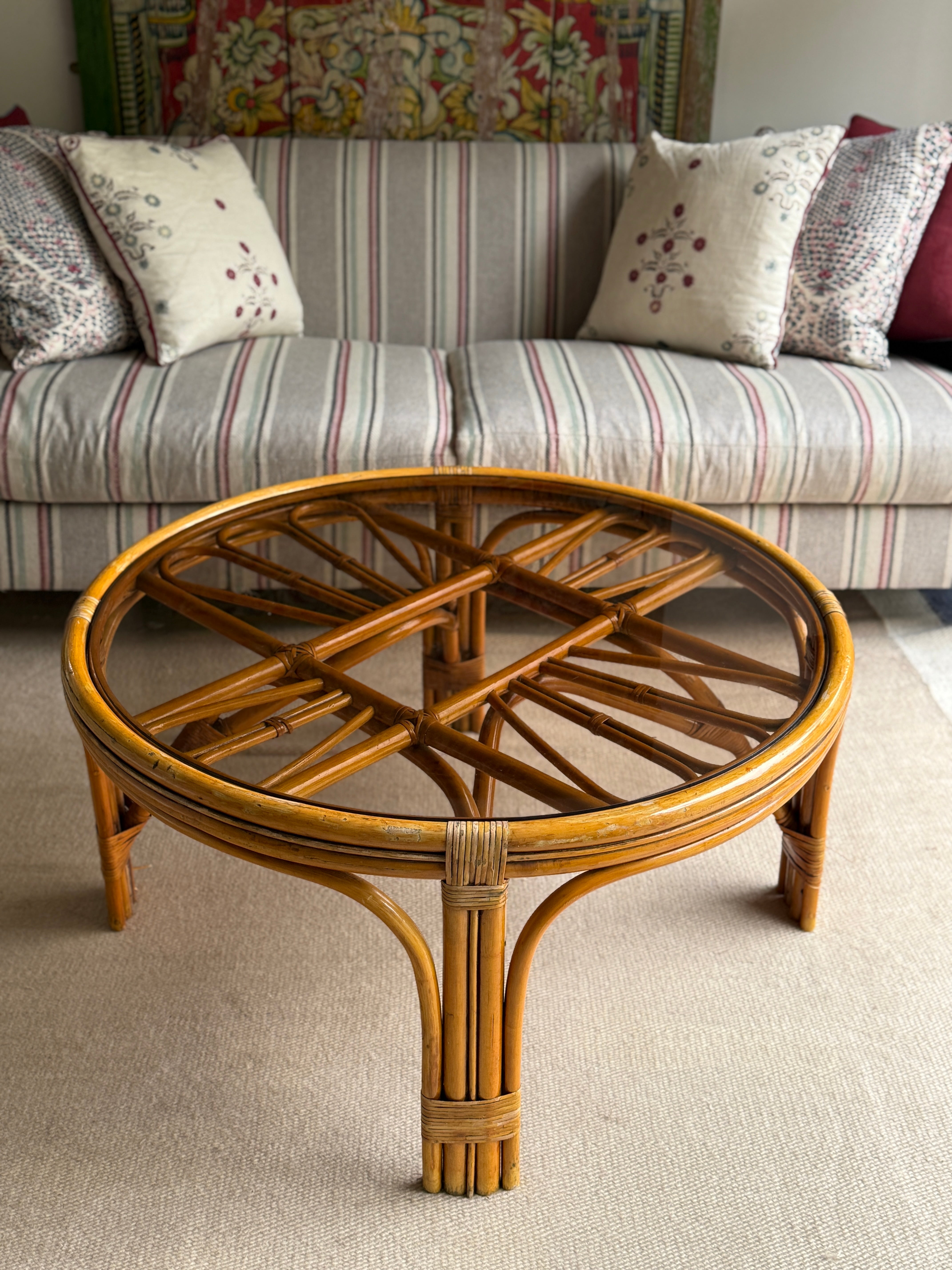 Large Smoky Glass and Cane Coffee Table - 1970s