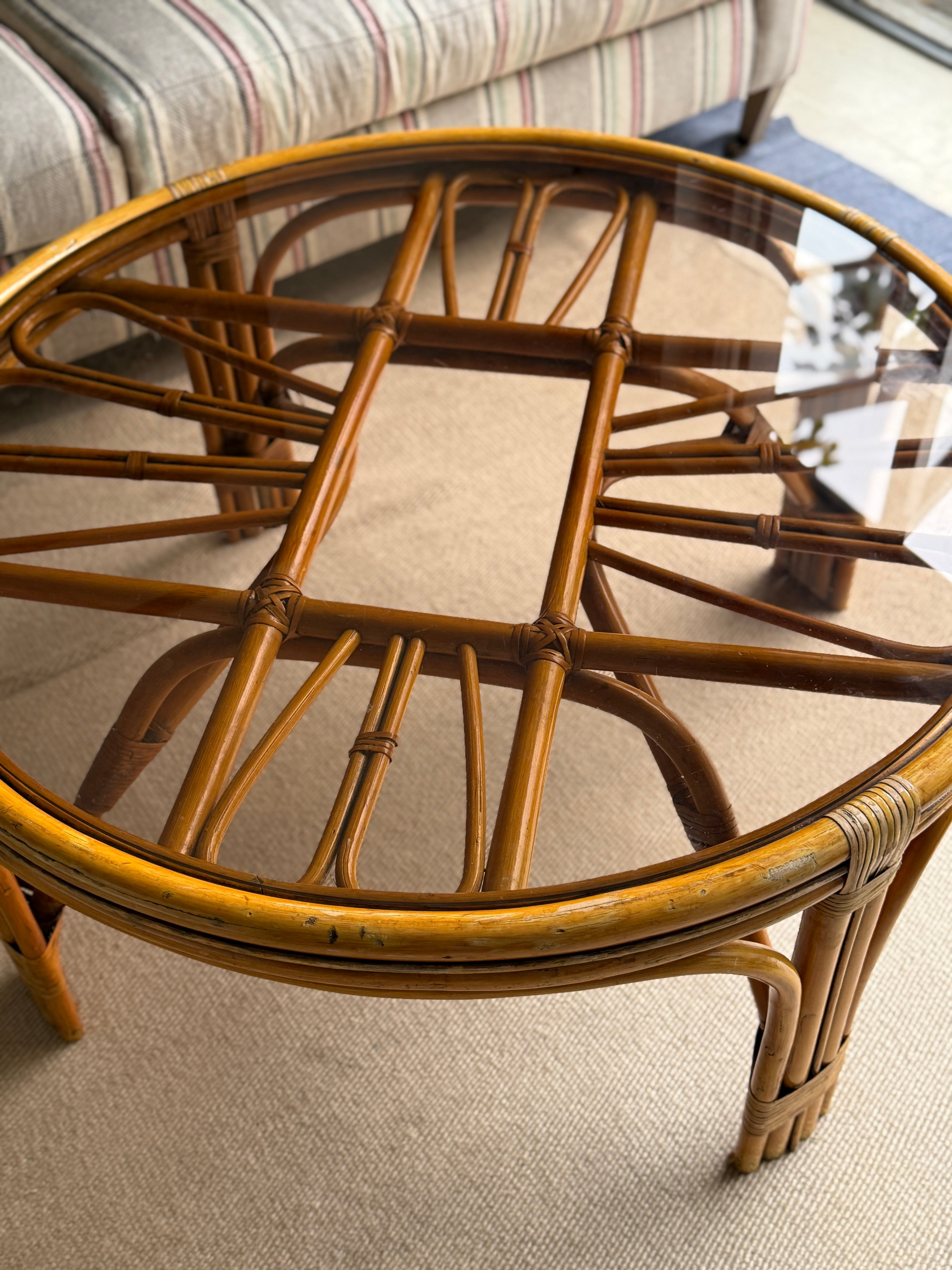 Large Smoky Glass and Cane Coffee Table - 1970s