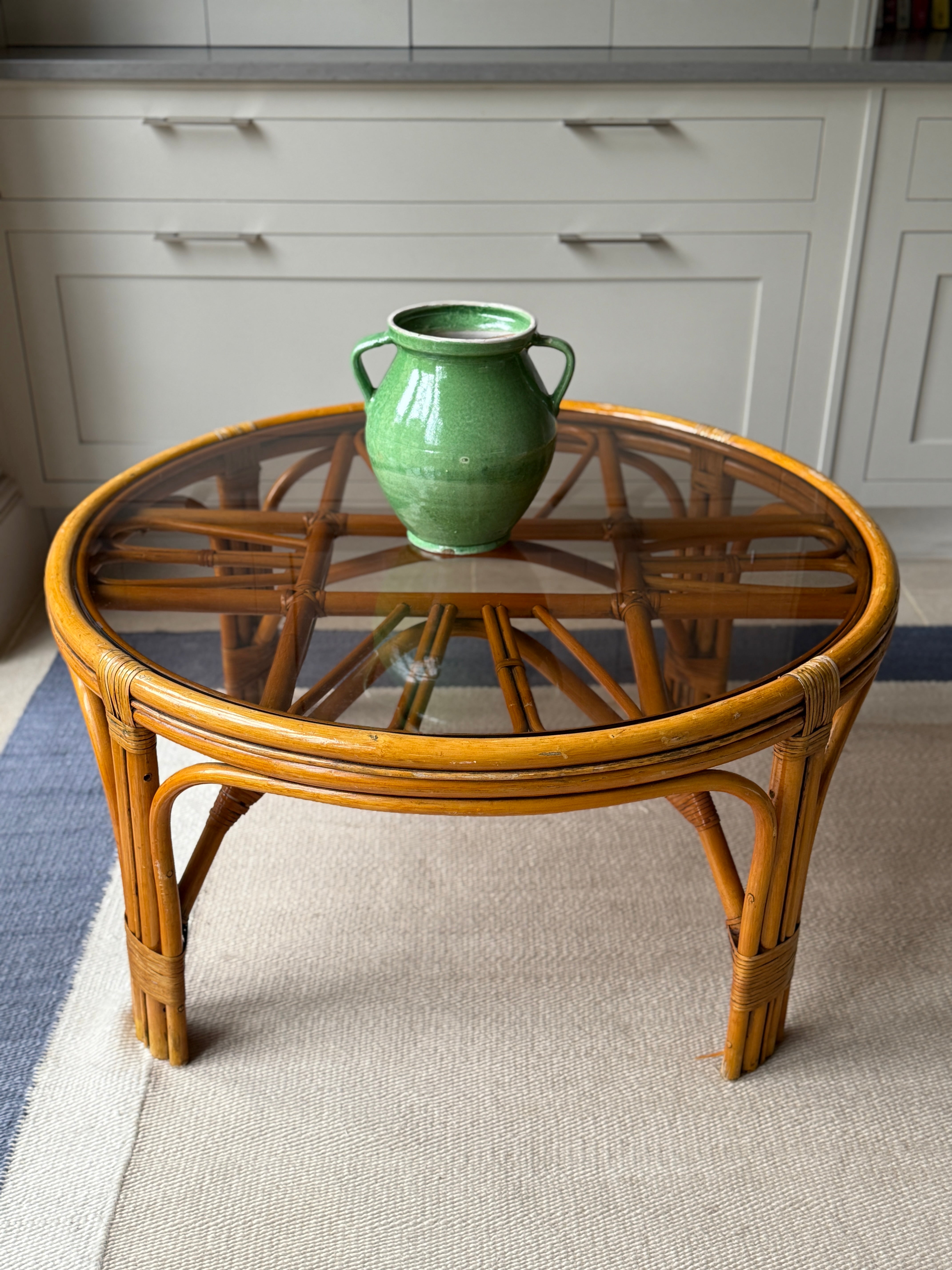 Large Smoky Glass and Cane Coffee Table - 1970s