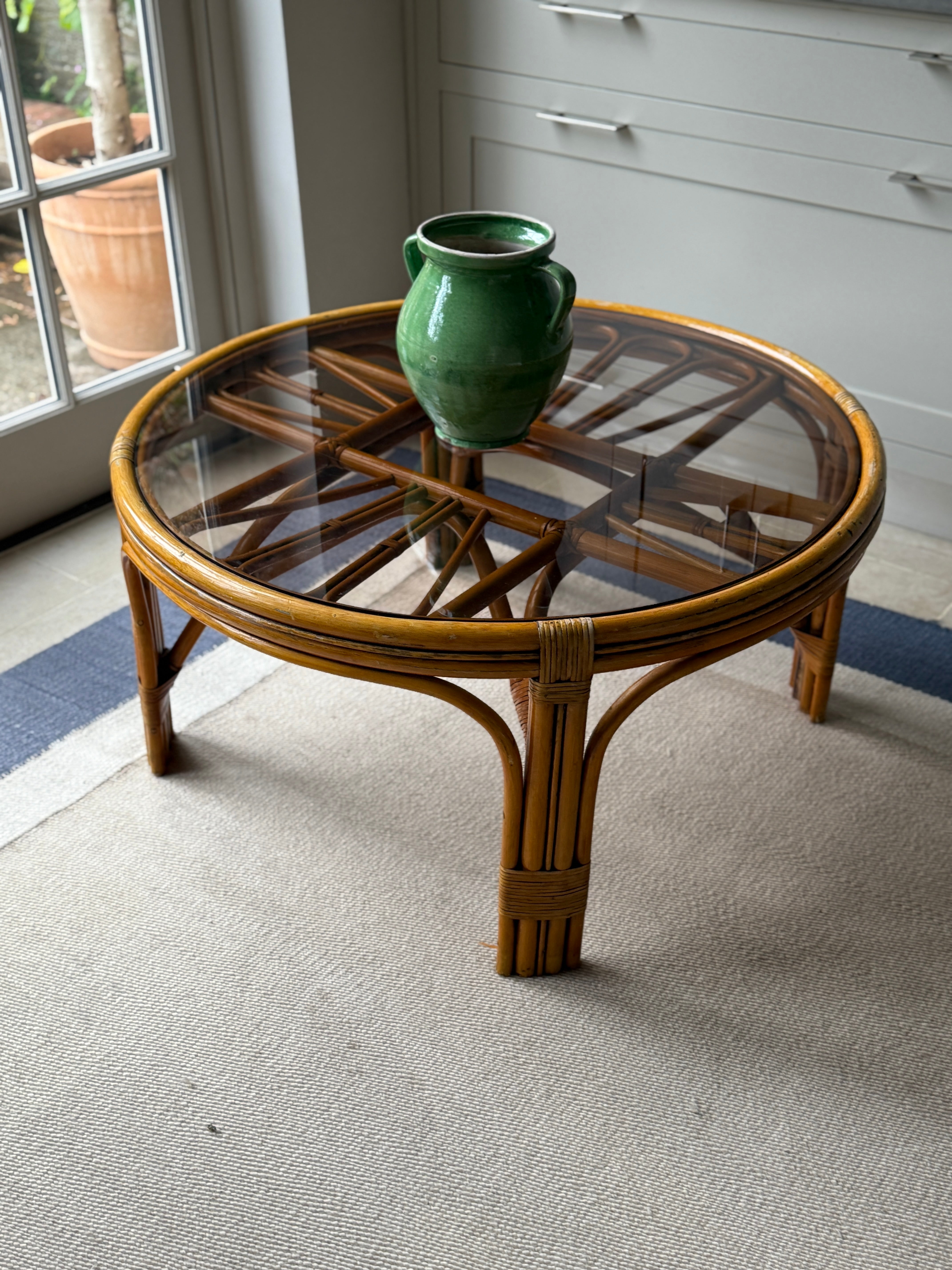 Large Smoky Glass and Cane Coffee Table - 1970s