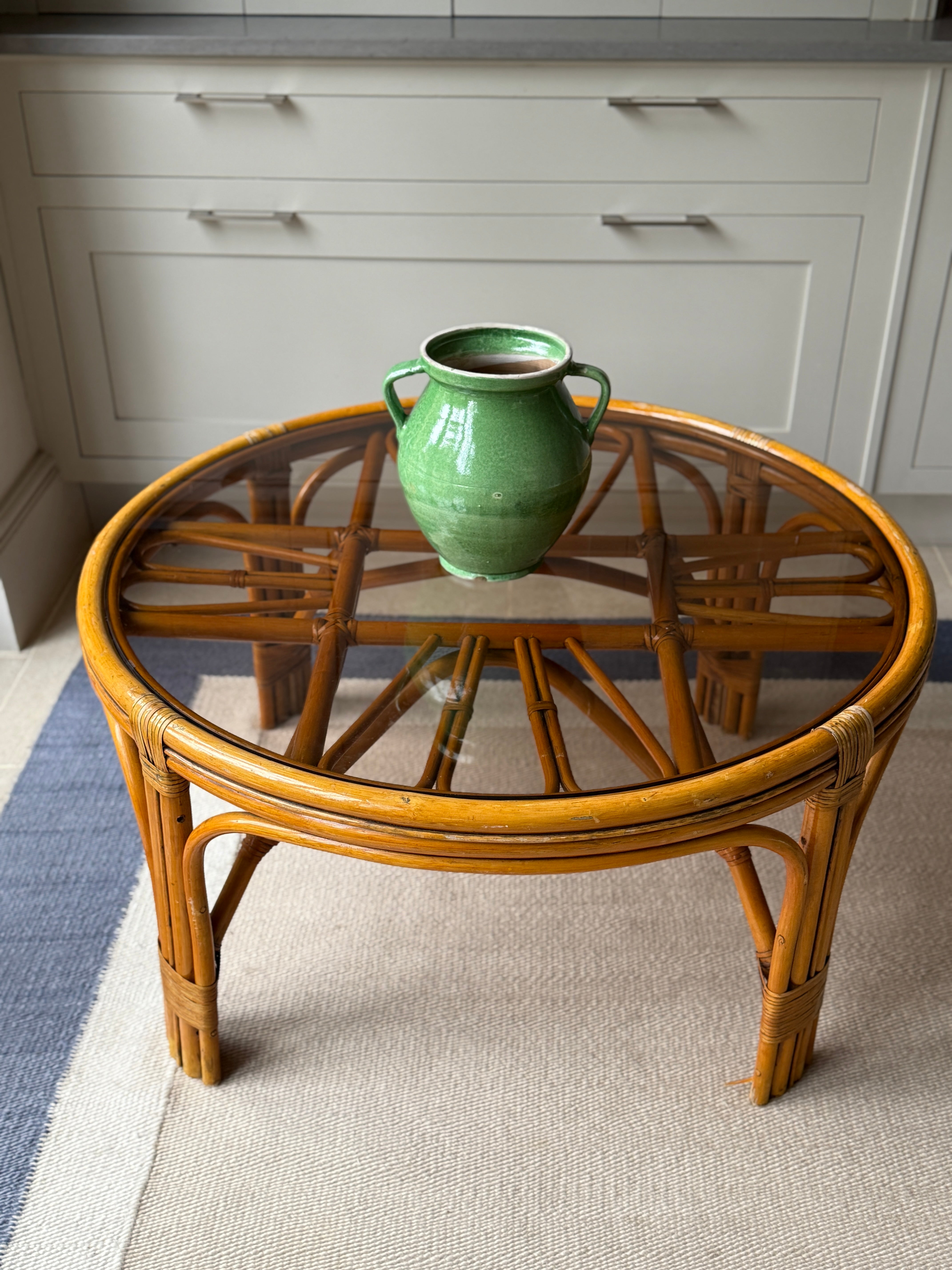 Large Smoky Glass and Cane Coffee Table - 1970s