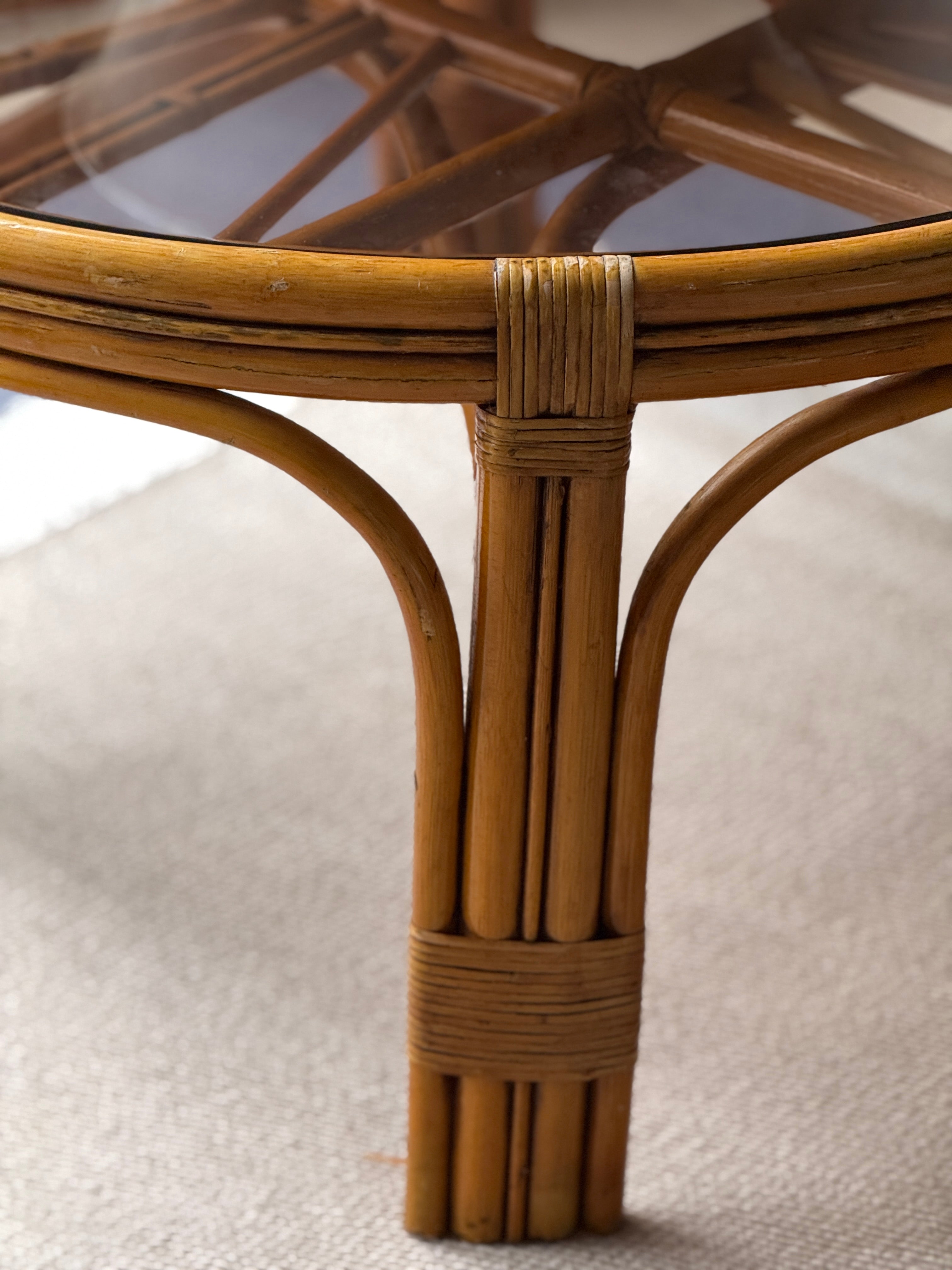 Large Smoky Glass and Cane Coffee Table - 1970s