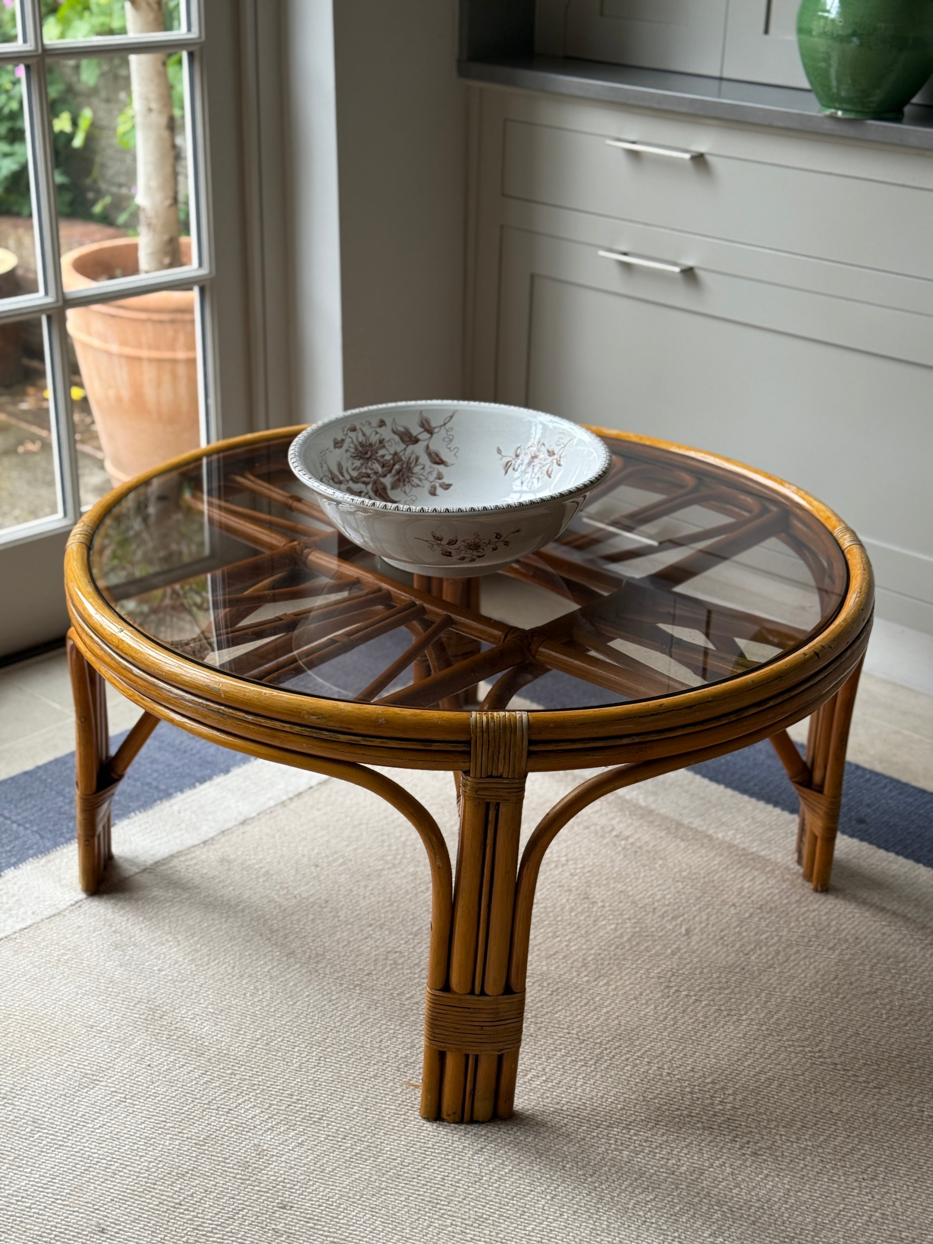 Large Smoky Glass and Cane Coffee Table - 1970s