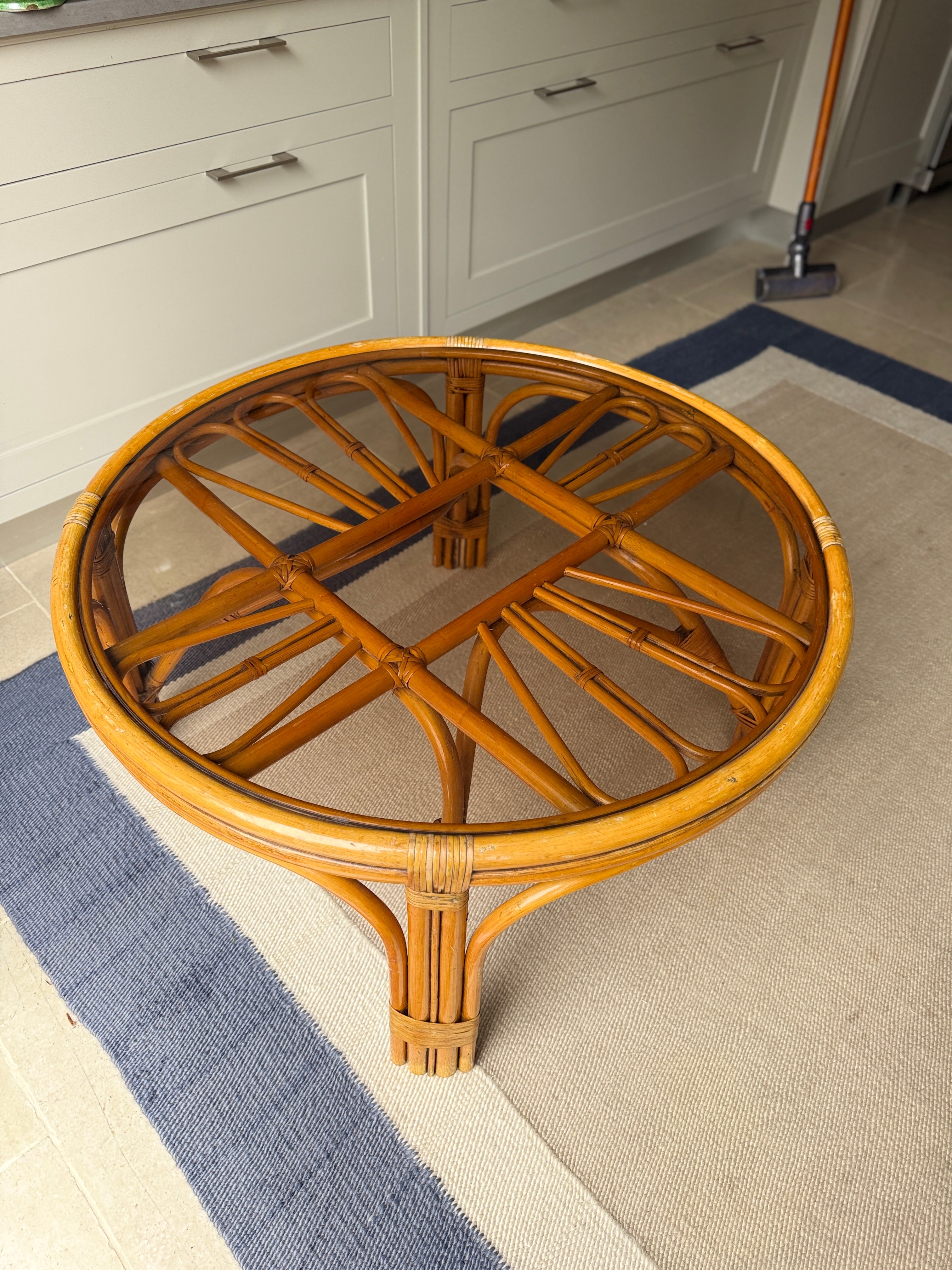 Large Smoky Glass and Cane Coffee Table - 1970s