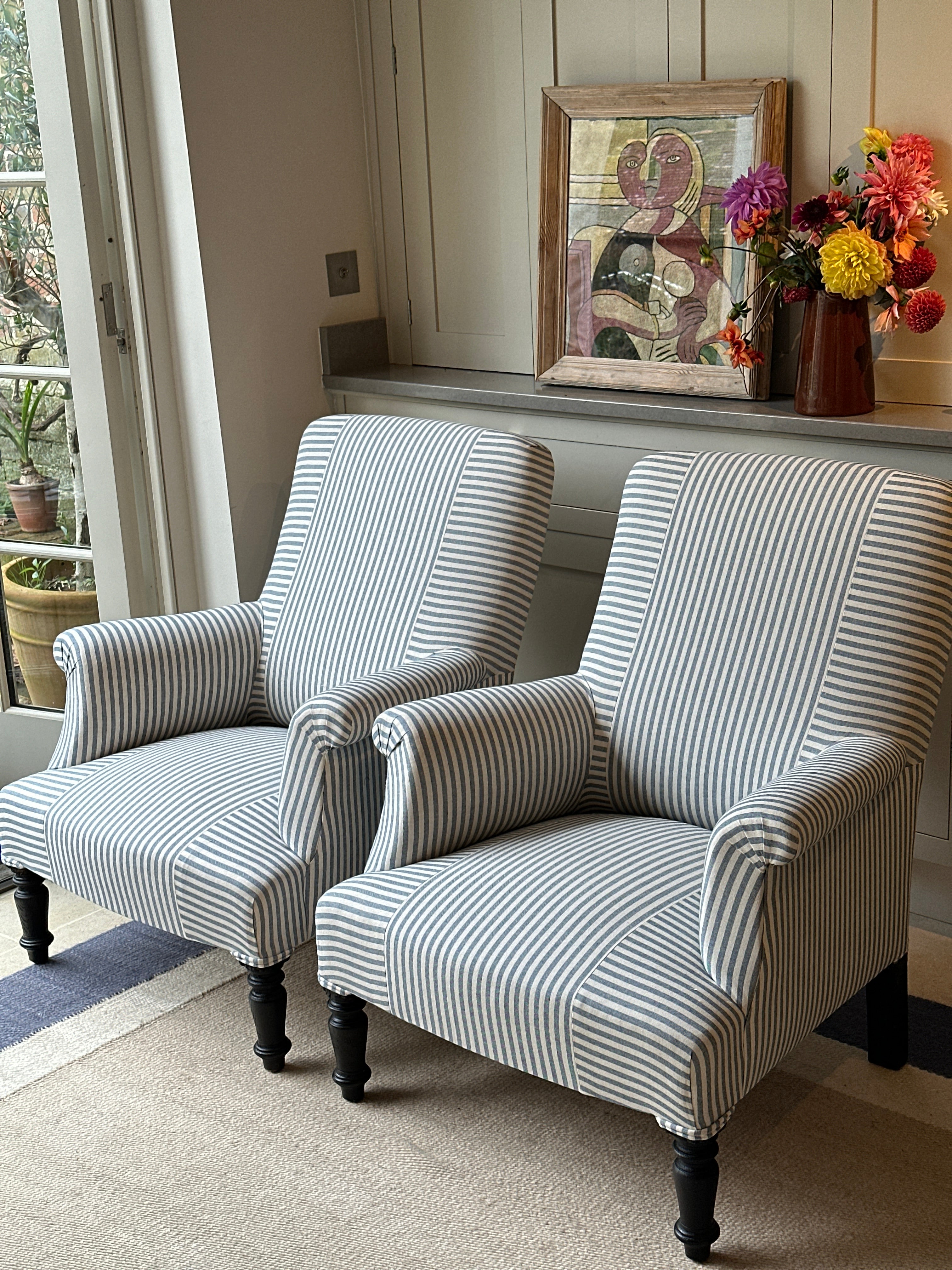 Pair of late C19th French Armchairs in Blue & White Ticking with Criss Cross Pattern