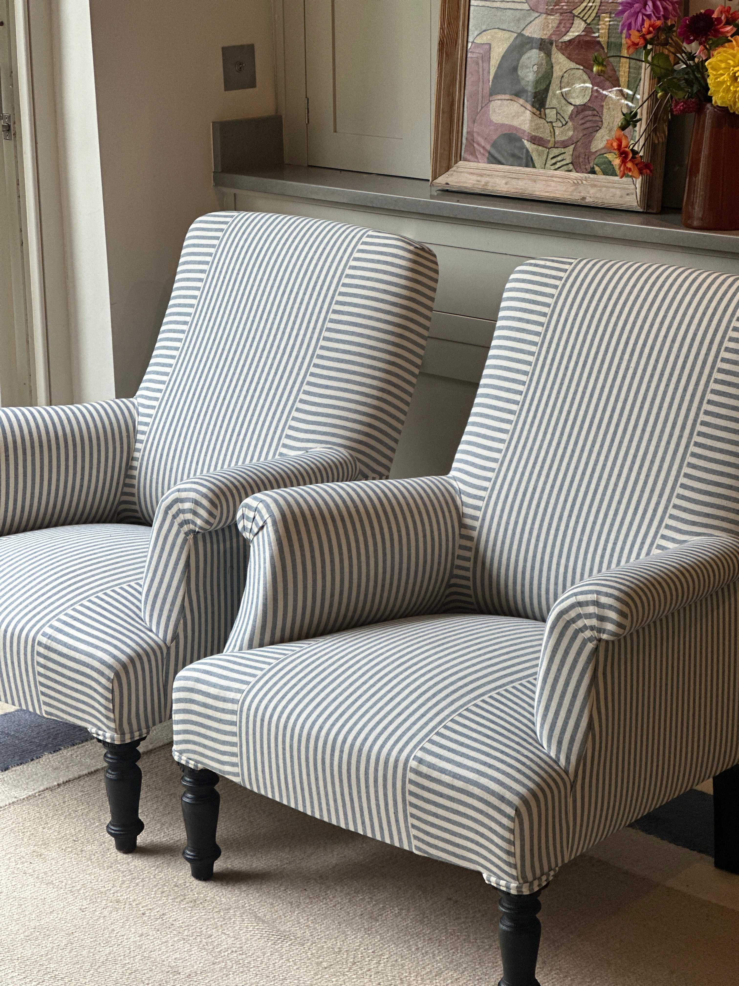 Pair of late C19th French Armchairs in Blue & White Ticking with Criss Cross Pattern