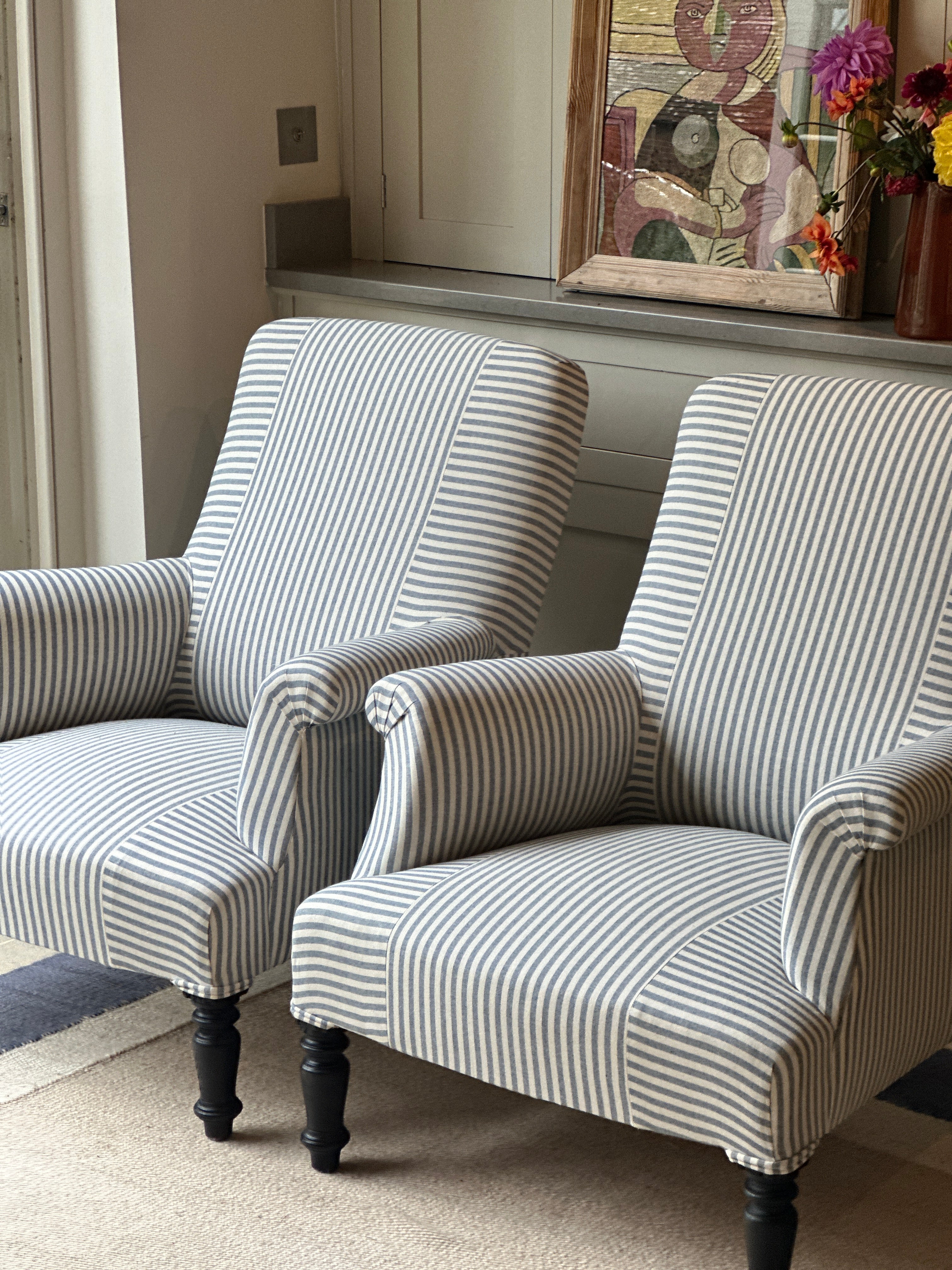 Pair of late C19th French Armchairs in Blue & White Ticking with Criss Cross Pattern