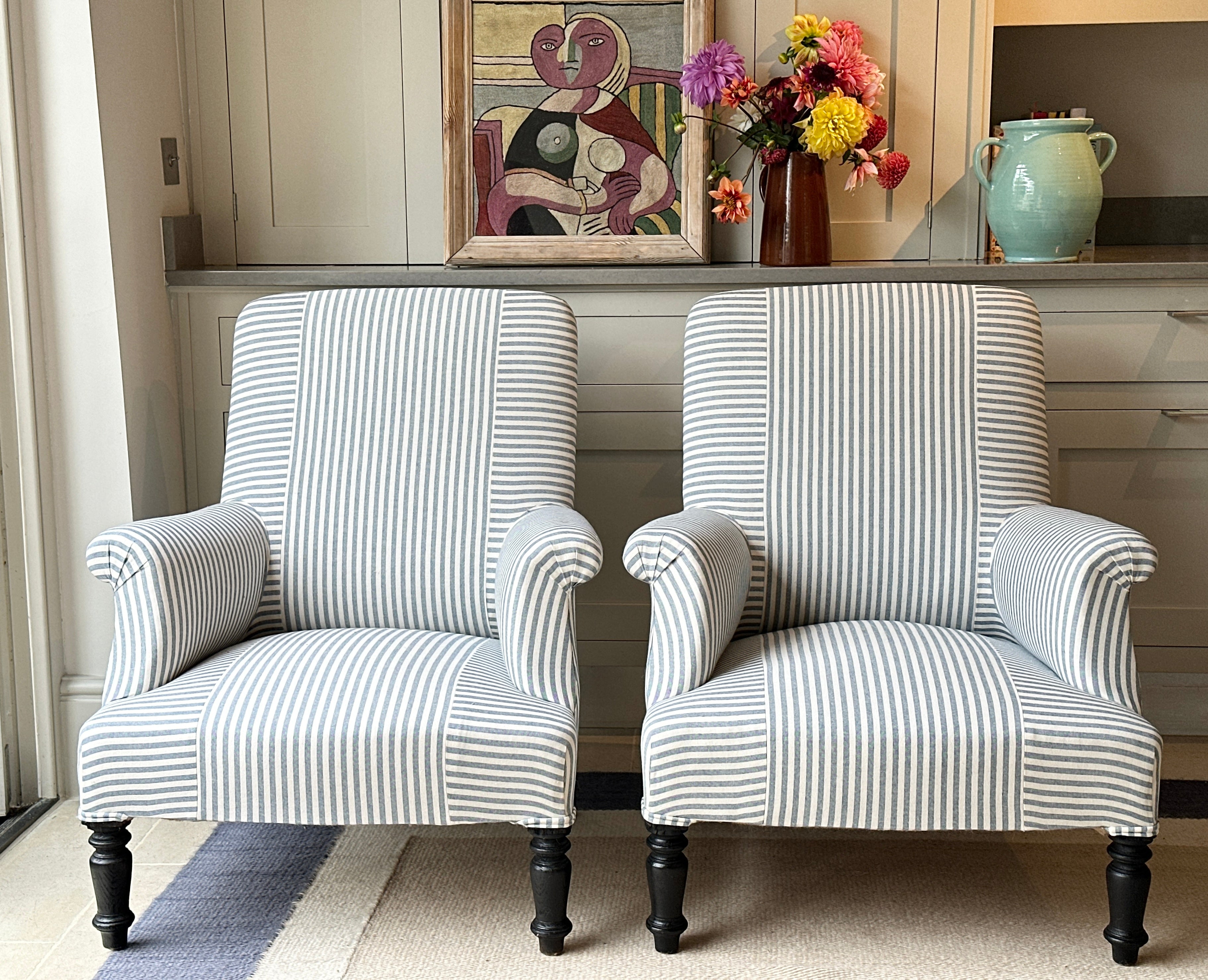 Pair of late C19th French Armchairs in Blue & White Ticking with Criss Cross Pattern