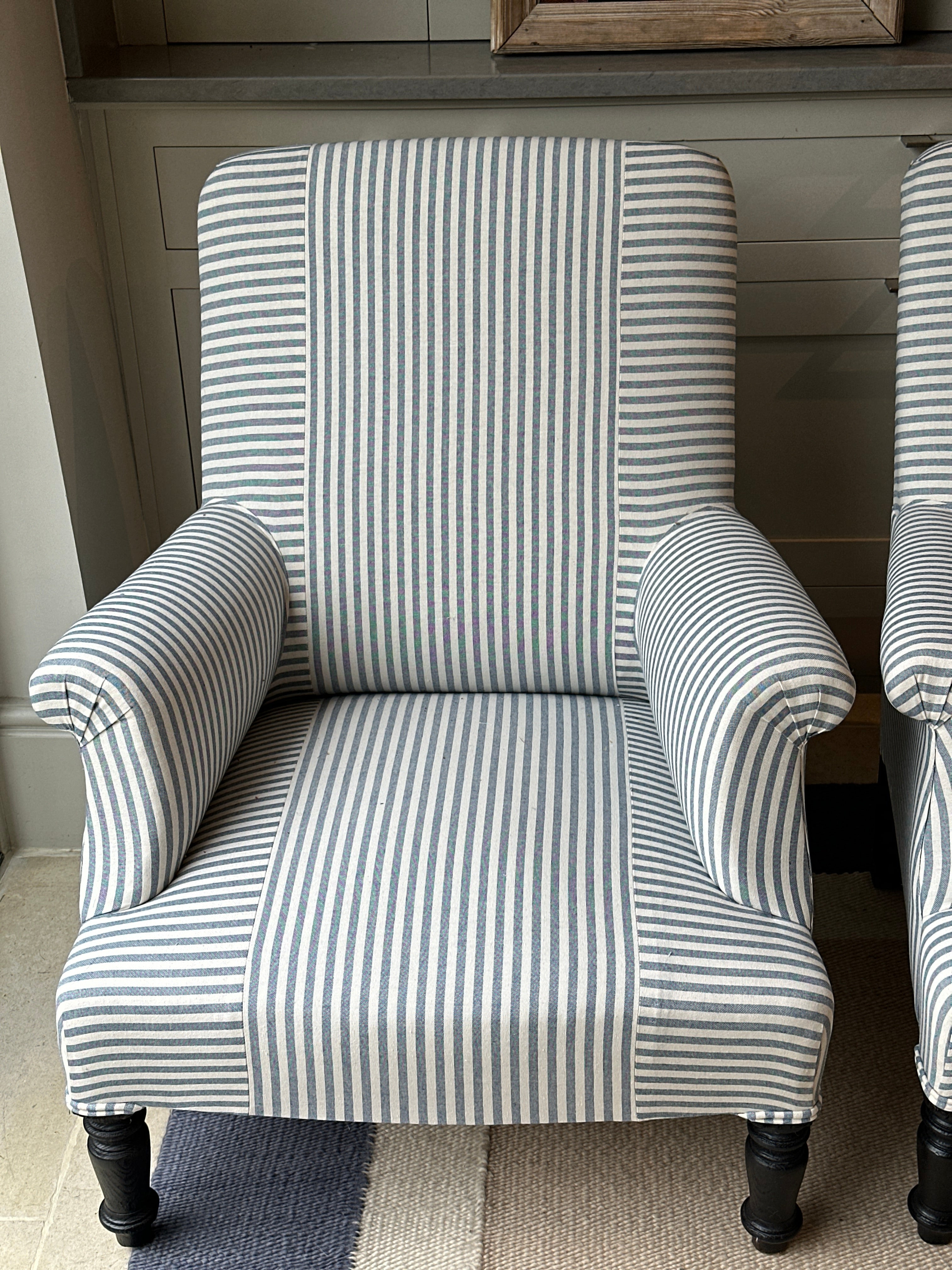 Pair of late C19th French Armchairs in Blue & White Ticking with Criss Cross Pattern