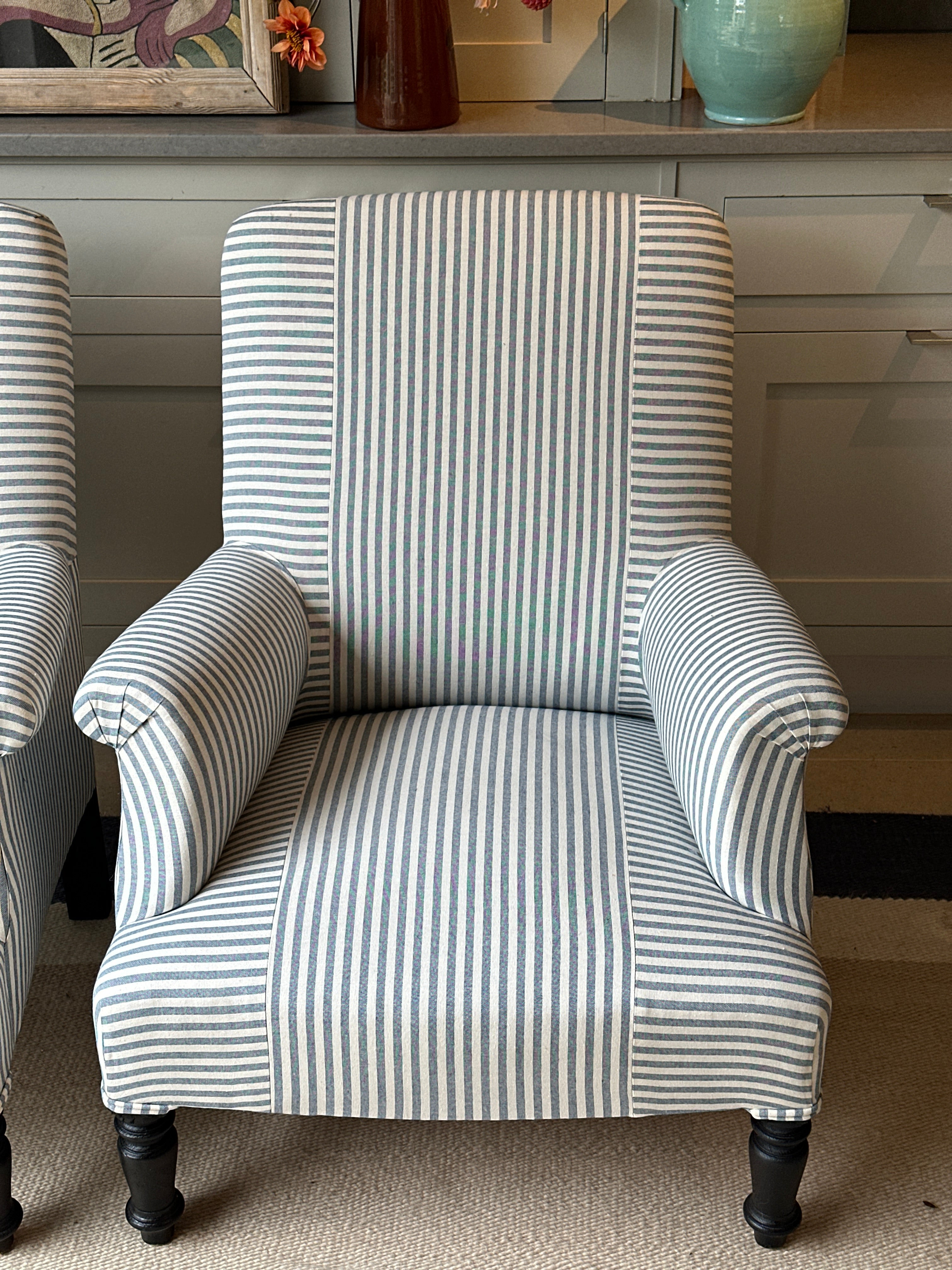 Pair of late C19th French Armchairs in Blue & White Ticking with Criss Cross Pattern