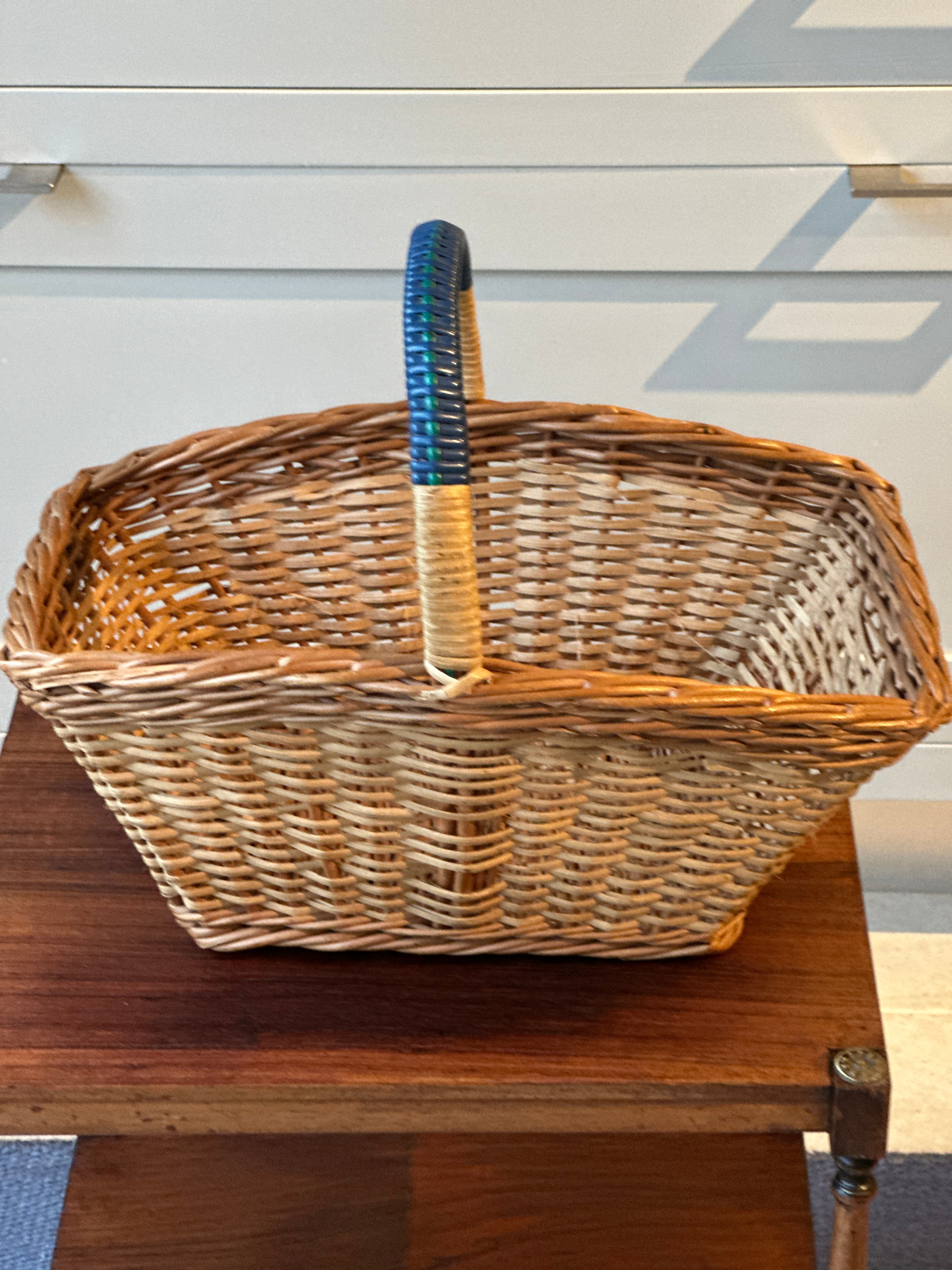 Vintage Wicker Shopper with Navy Blue Handle