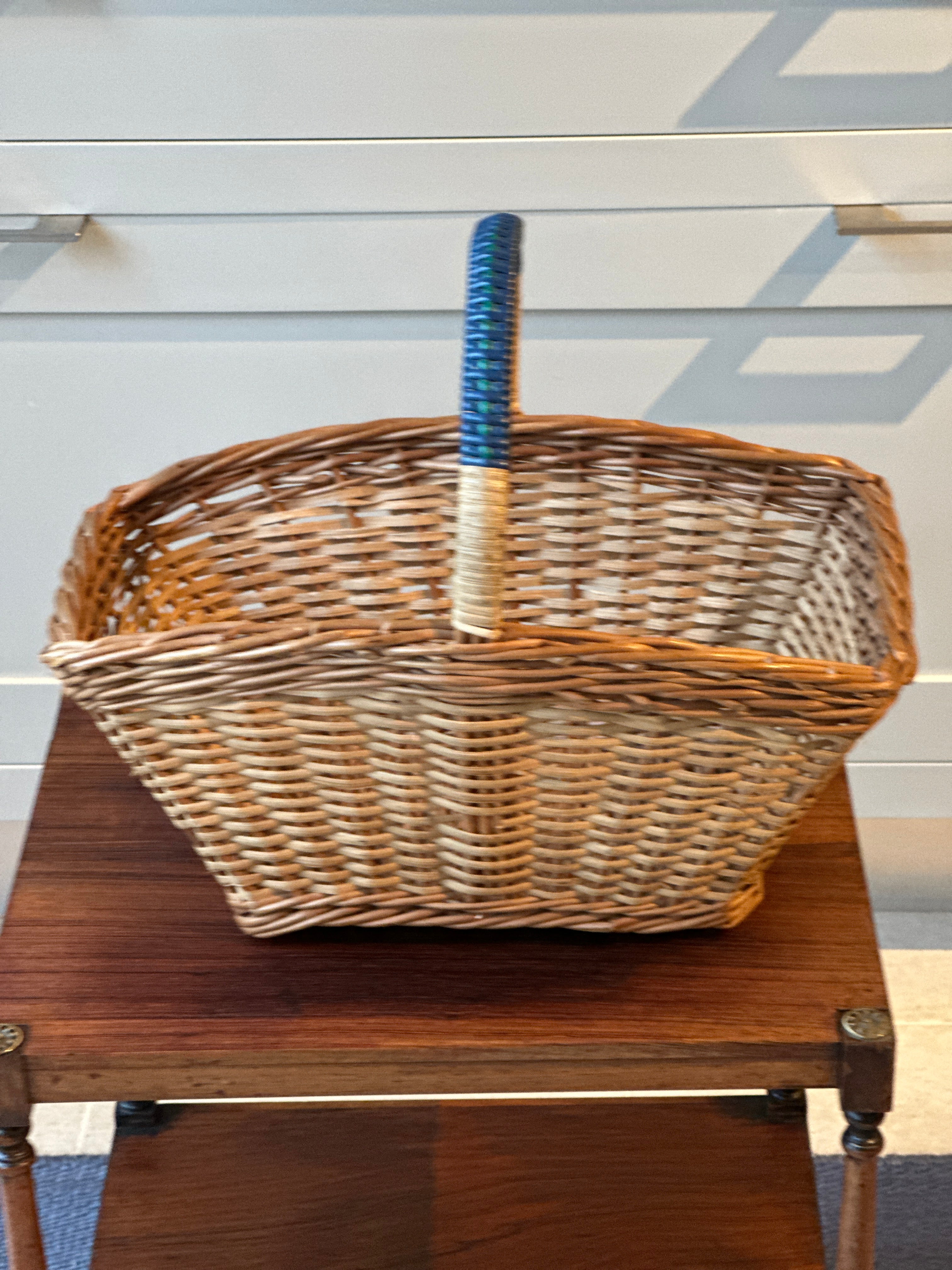 Vintage Wicker Shopper with Navy Blue Handle