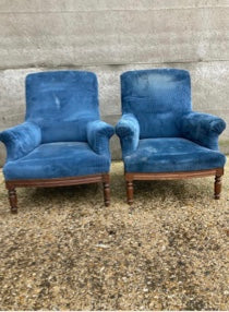 Pair of Square Back Armchairs in Navy Velvet