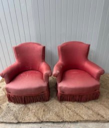 Pair of Large Chapeau de Gendarme Chairs in Rust Red with Matching Fringe