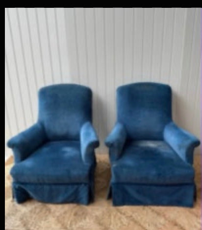 Pair of Large Napoleon III Squareback Armchairs in Navy Velvet