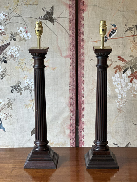 Pair of Converted Mahogany Column Lamps