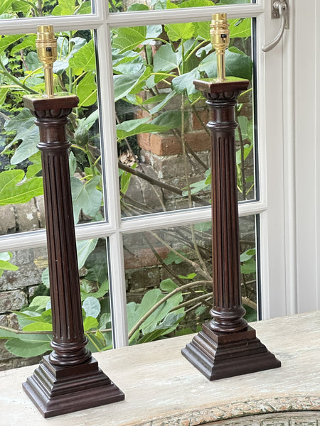 Pair of Converted Mahogany Column Lamps