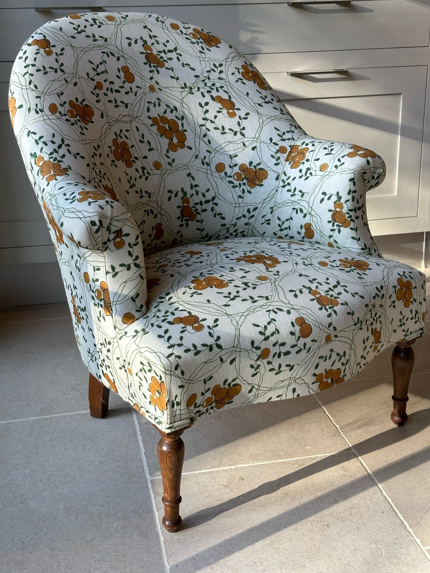 19th C French Tub Chair in Rosa Bernal Piedre Ochre