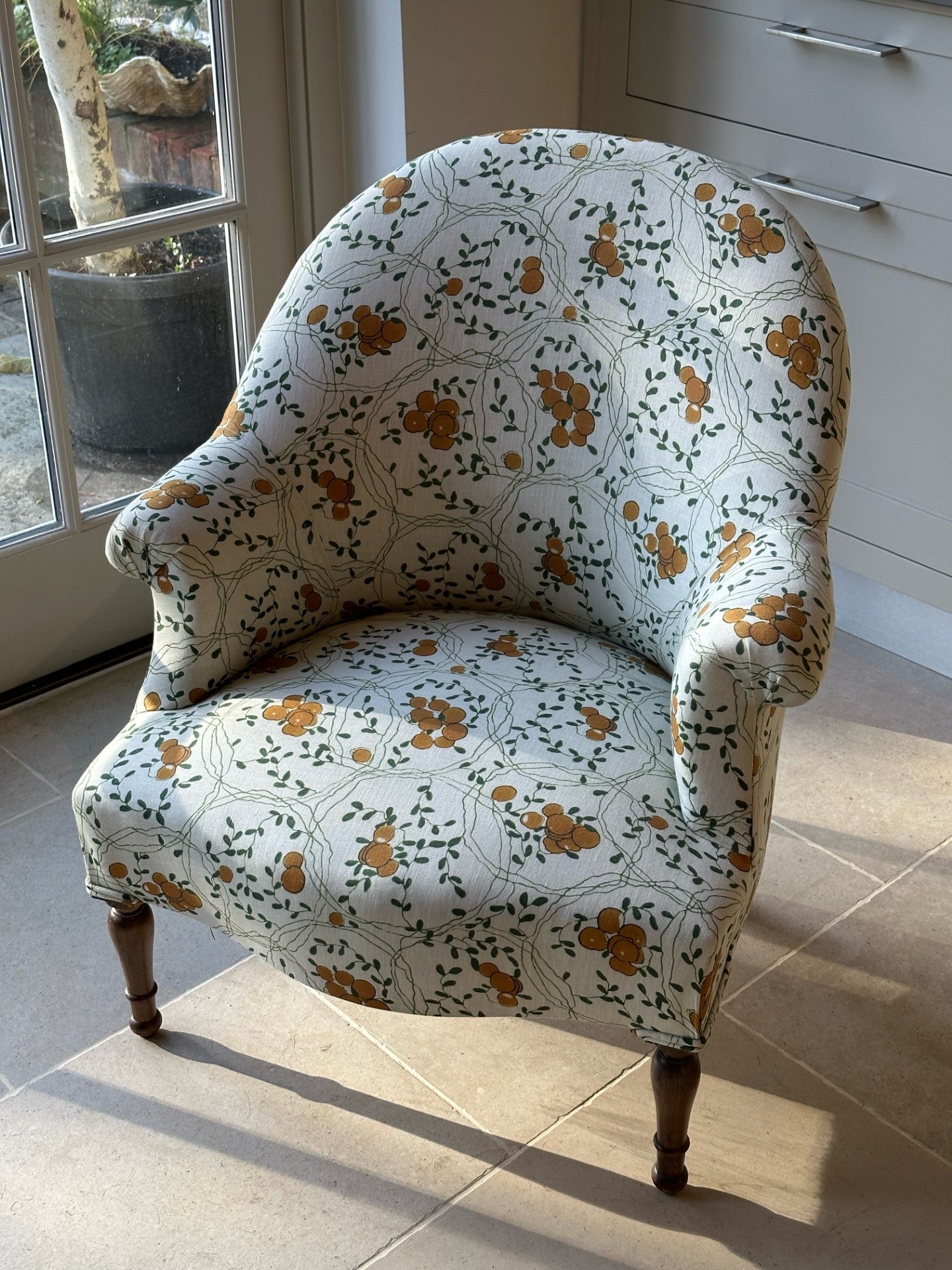 19th C French Tub Chair in Rosa Bernal Piedre Ochre