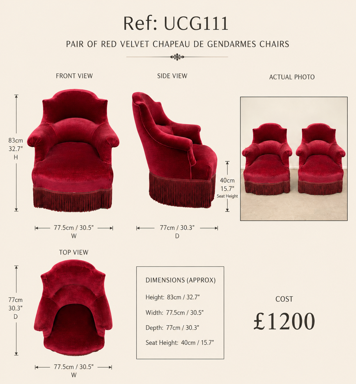 Pair of Red Velvet Chapeau de Gendarmes Chairs — specification