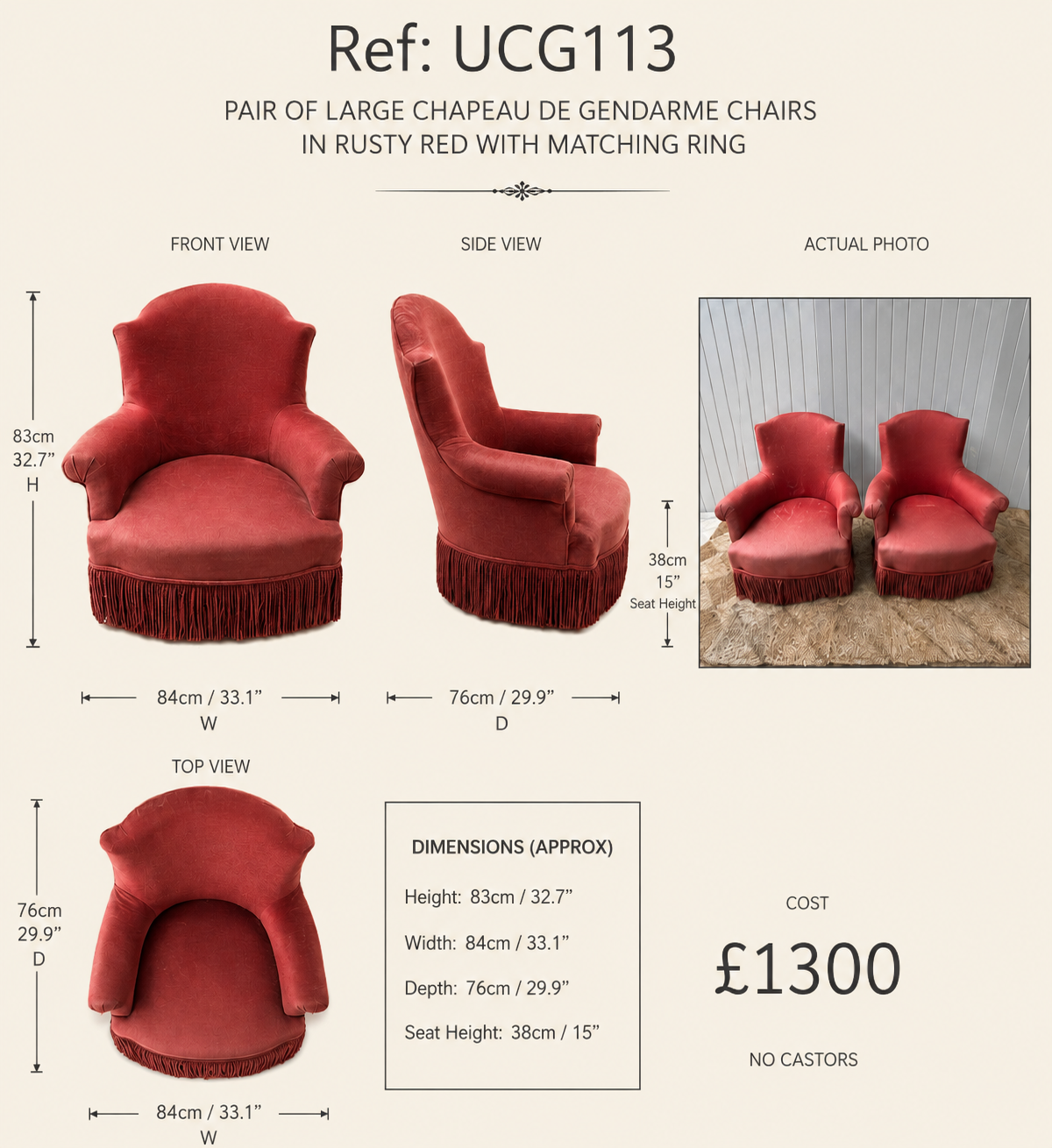 Pair of Large Chapeau de Gendarme Chairs in Rust Red with Matching Fringe — specification