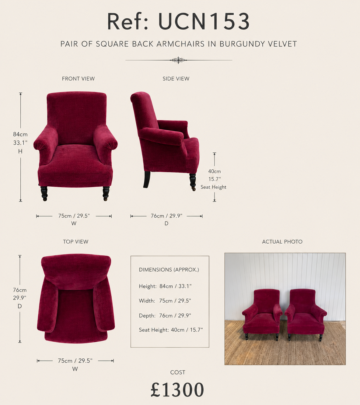 Pair of Square Back Armchairs in Burgundy Velvet — specification