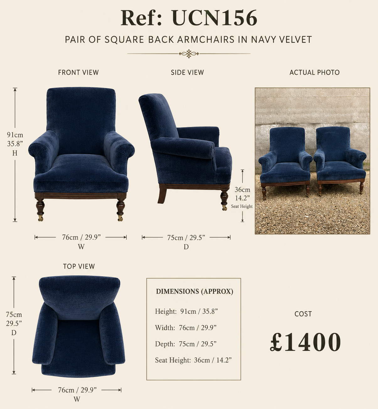 Pair of Square Back Armchairs in Navy Velvet — specification