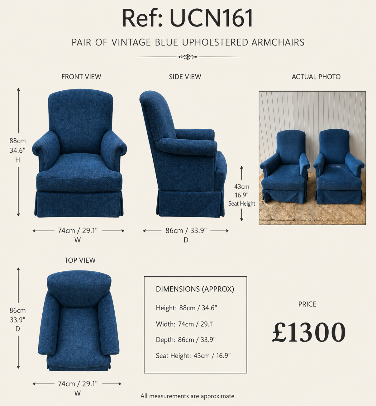 Pair of Large Napoleon III Squareback Armchairs in Navy Velvet — specification