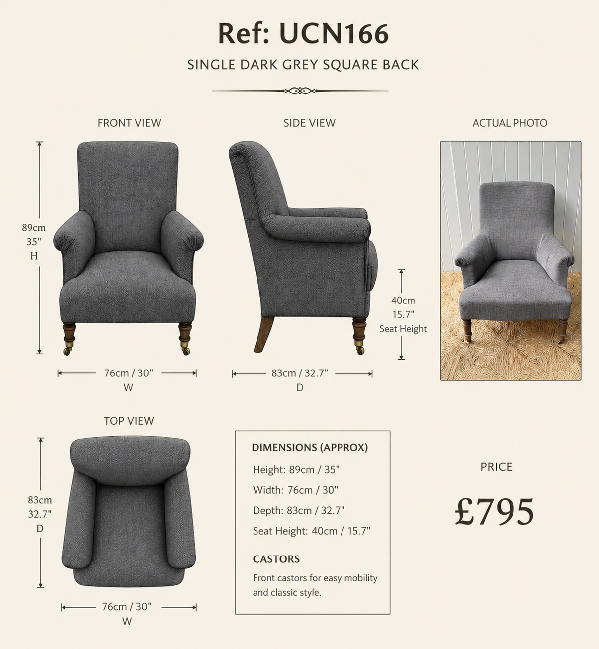 Single Dark Grey Square Back — specification