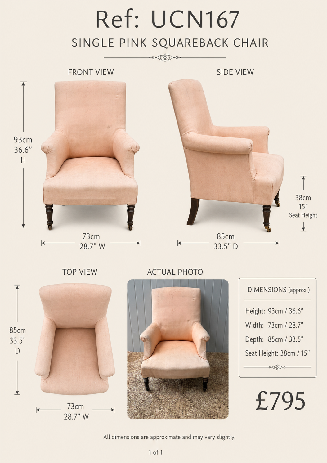 Single Pink Squareback Chair — specification