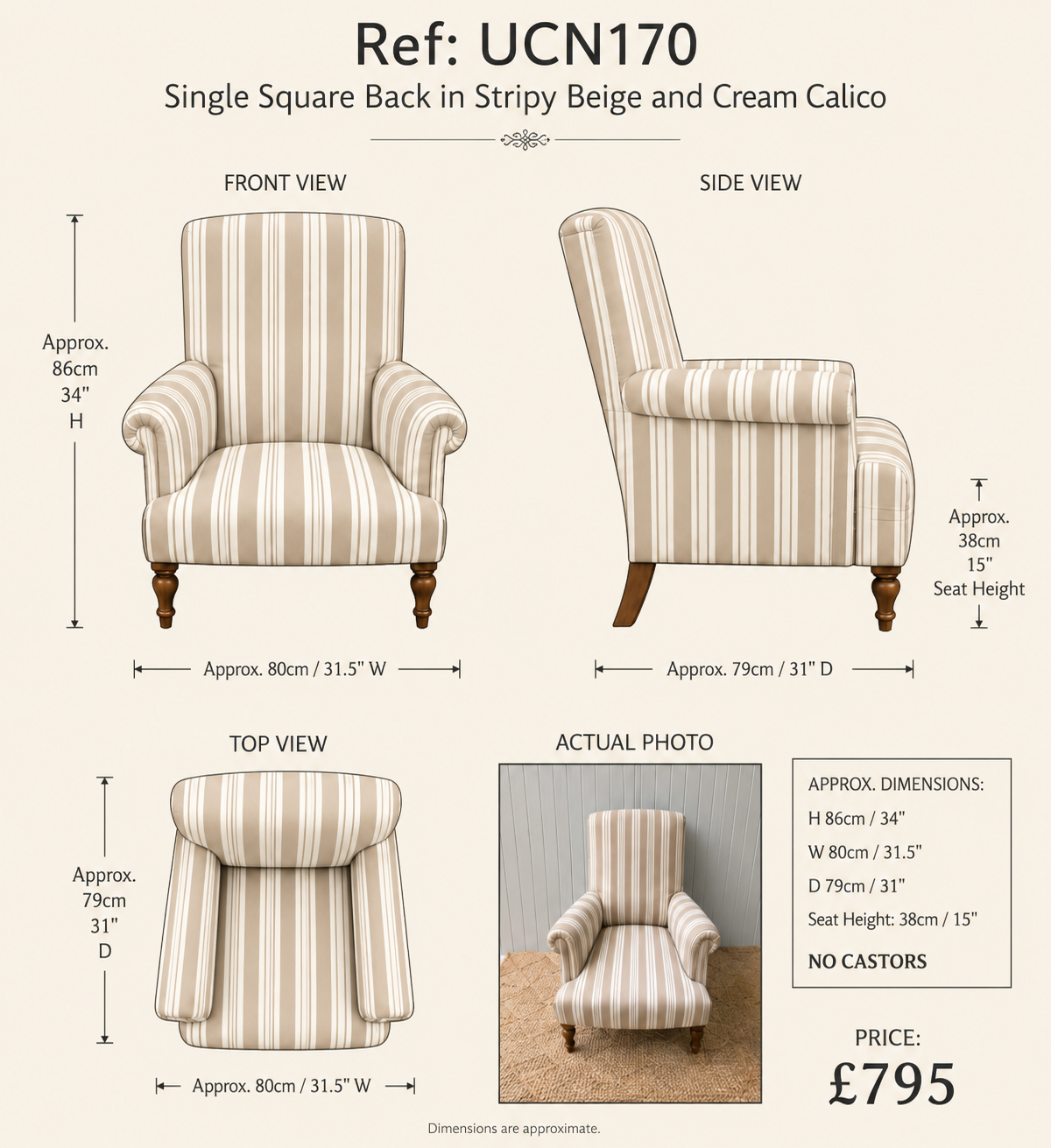 Single Square Back in Stripy Beige and Cream Calico — specification
