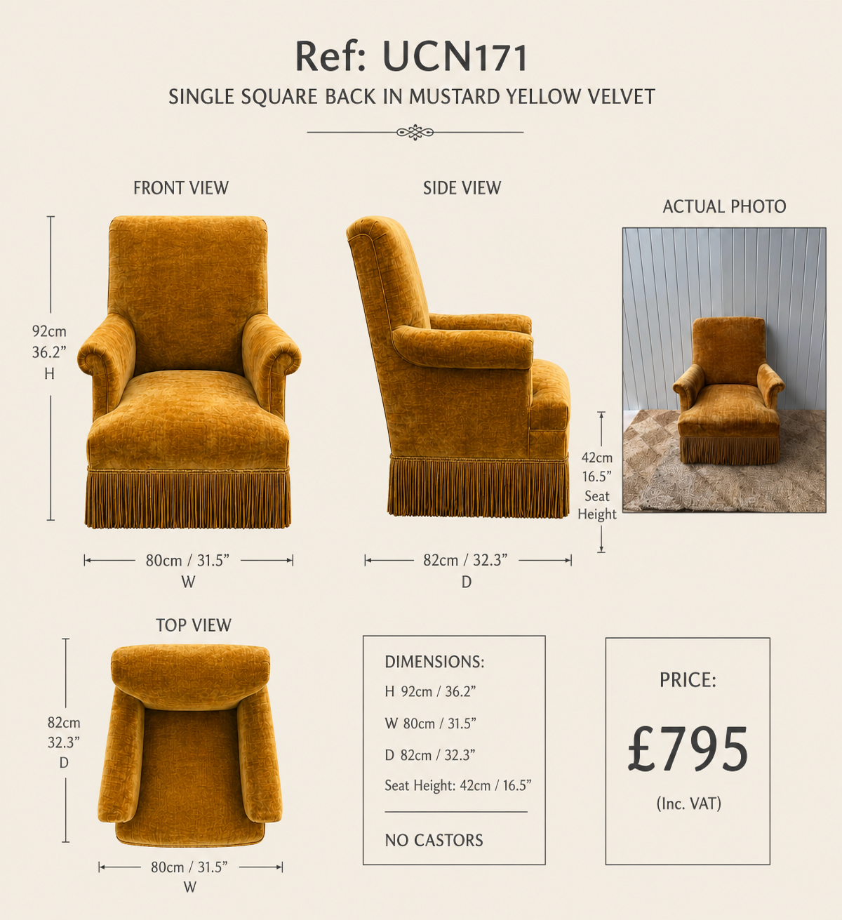 Single Square Back in Mustard Yellow Velvet — specification