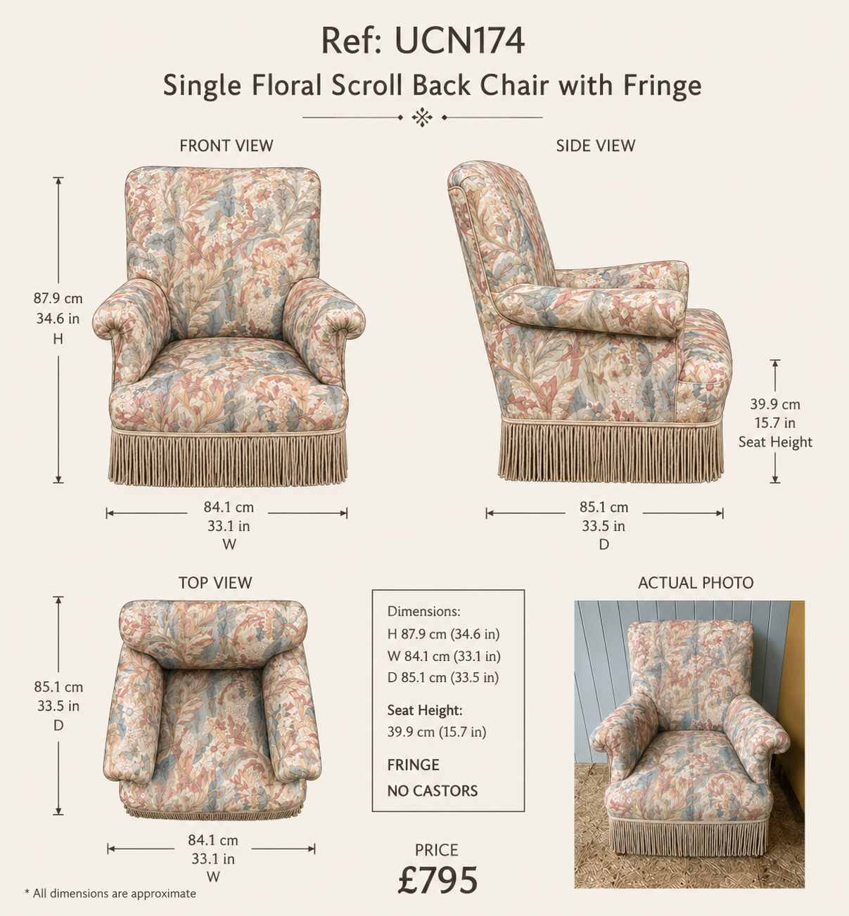 Single Floral Scroll Back Armchairs with Fringe — specification